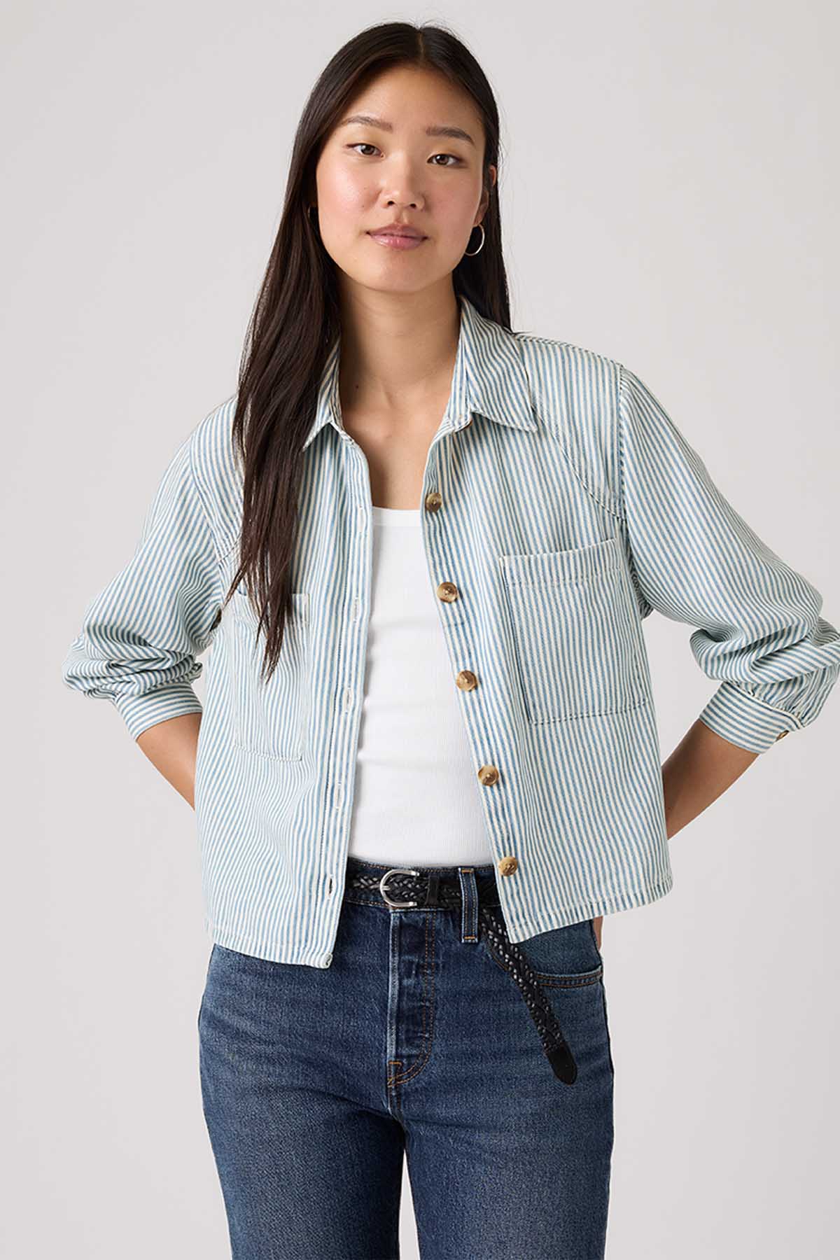 Striped button-front jacket with gold buttons, chest pocket, long sleeves