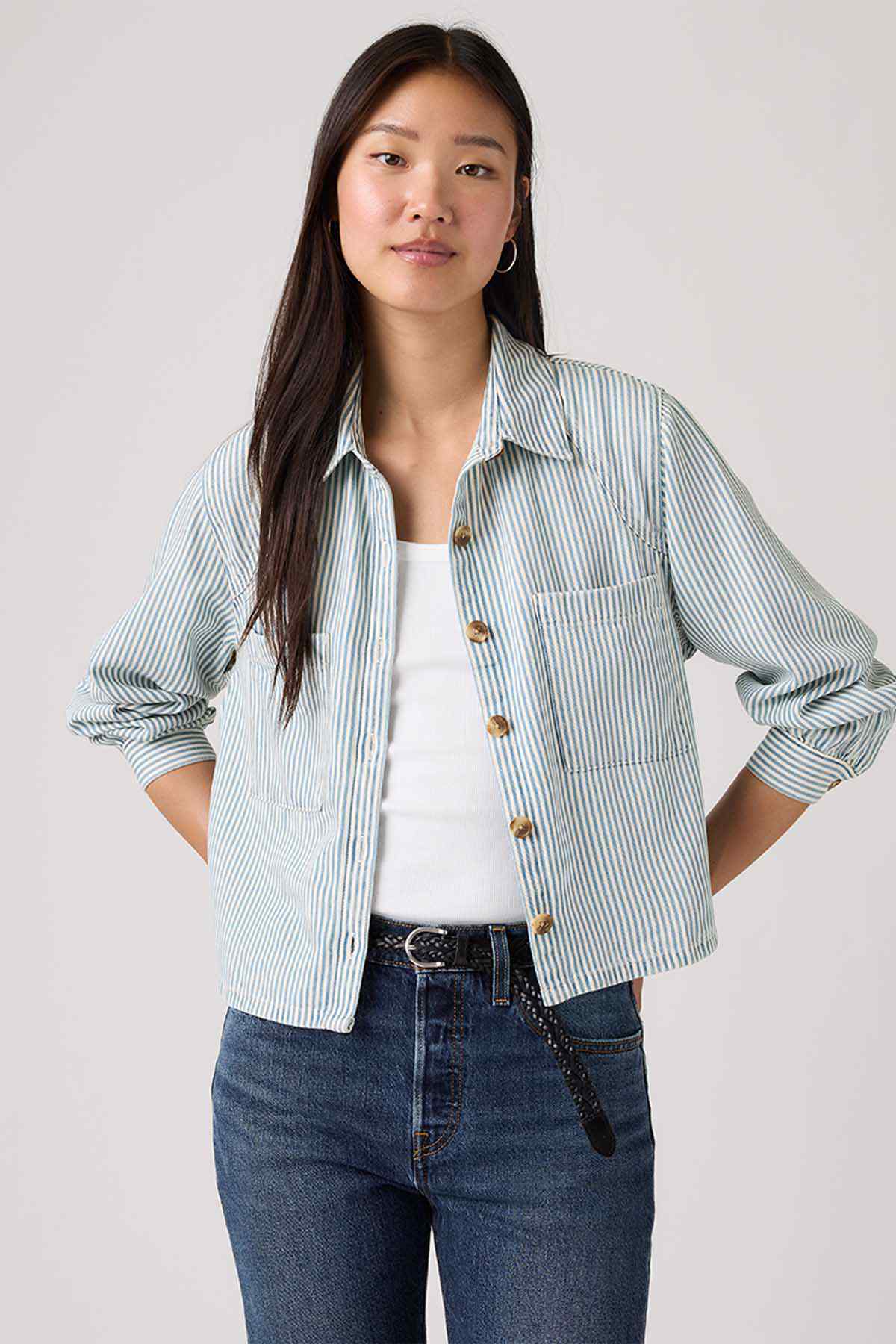 Striped button-front jacket with gold buttons, chest pocket, long sleeves