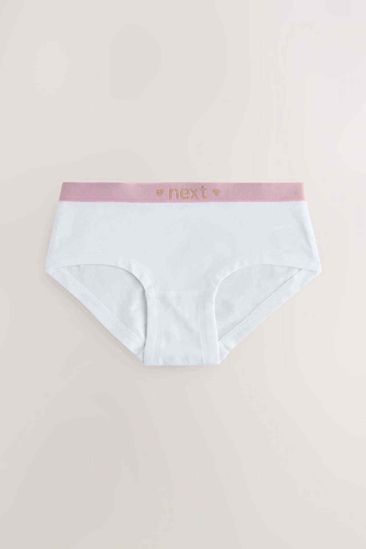 White kids' underwear brief with pink elastic waistband, NEXT logo detail