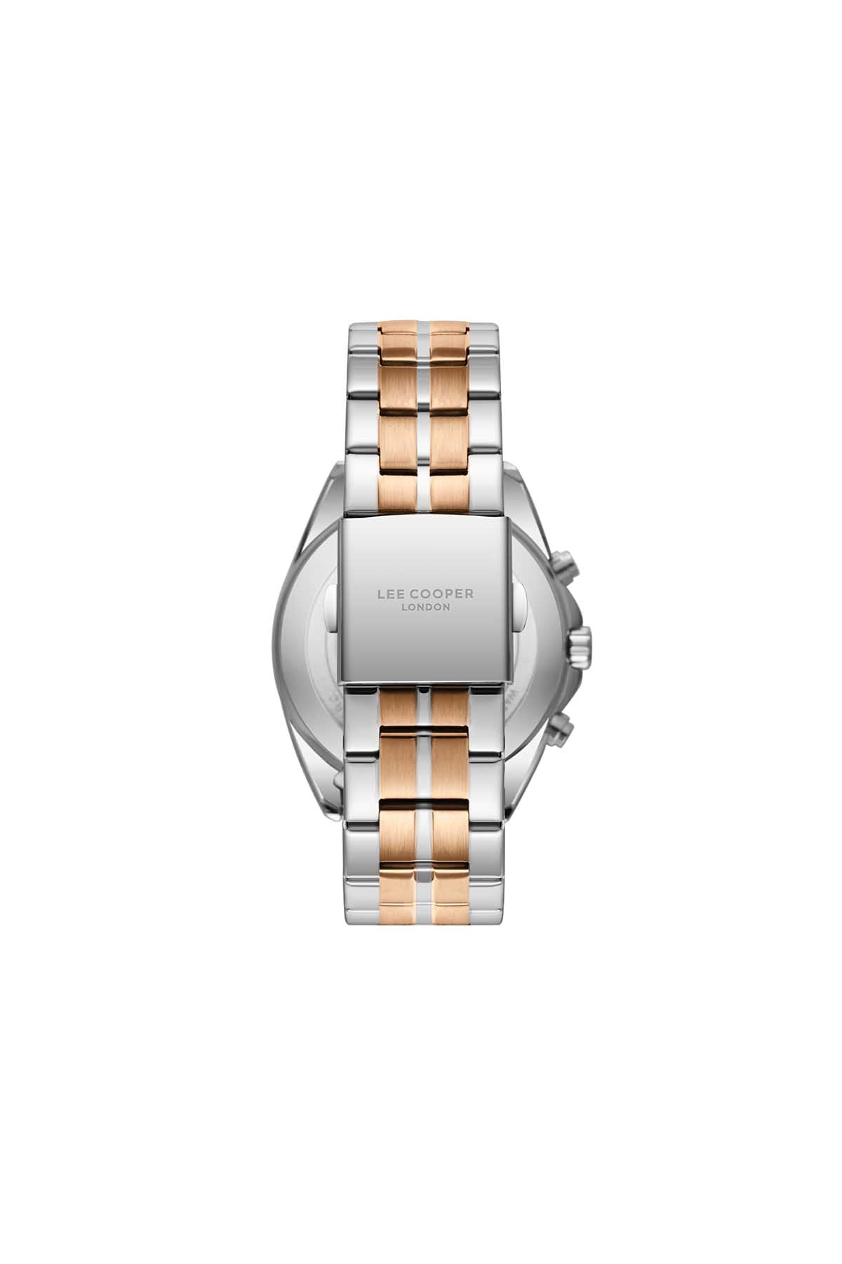 Lee Cooper stainless steel watch with blue dial and rose-gold striped bracelet, side view