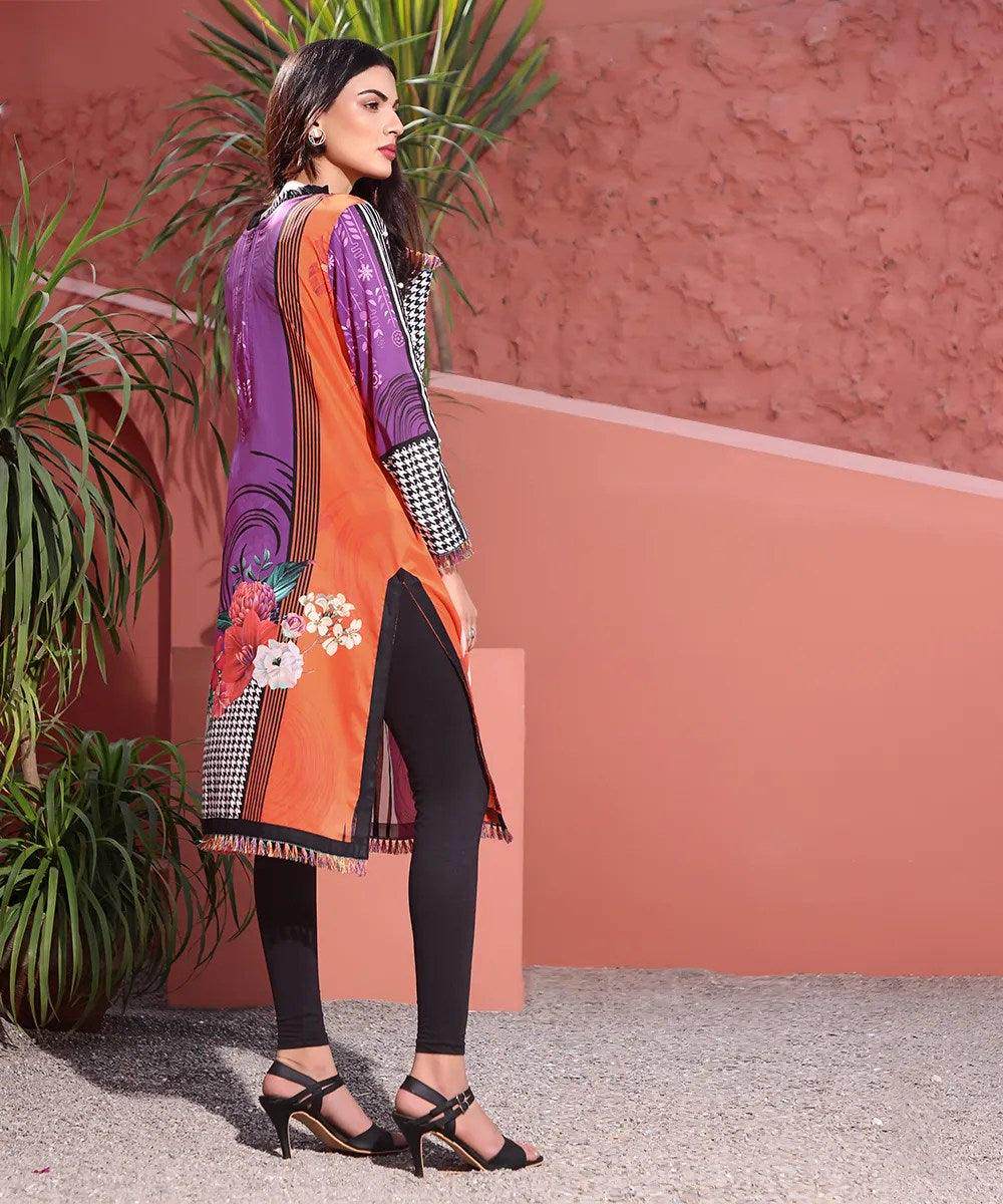 Purple, orange, and white striped floral tunic with side slit and patterned hem