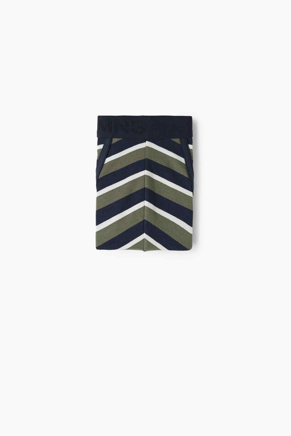 Striped boxer briefs folded view, navy with khaki and white chevron stripe pattern