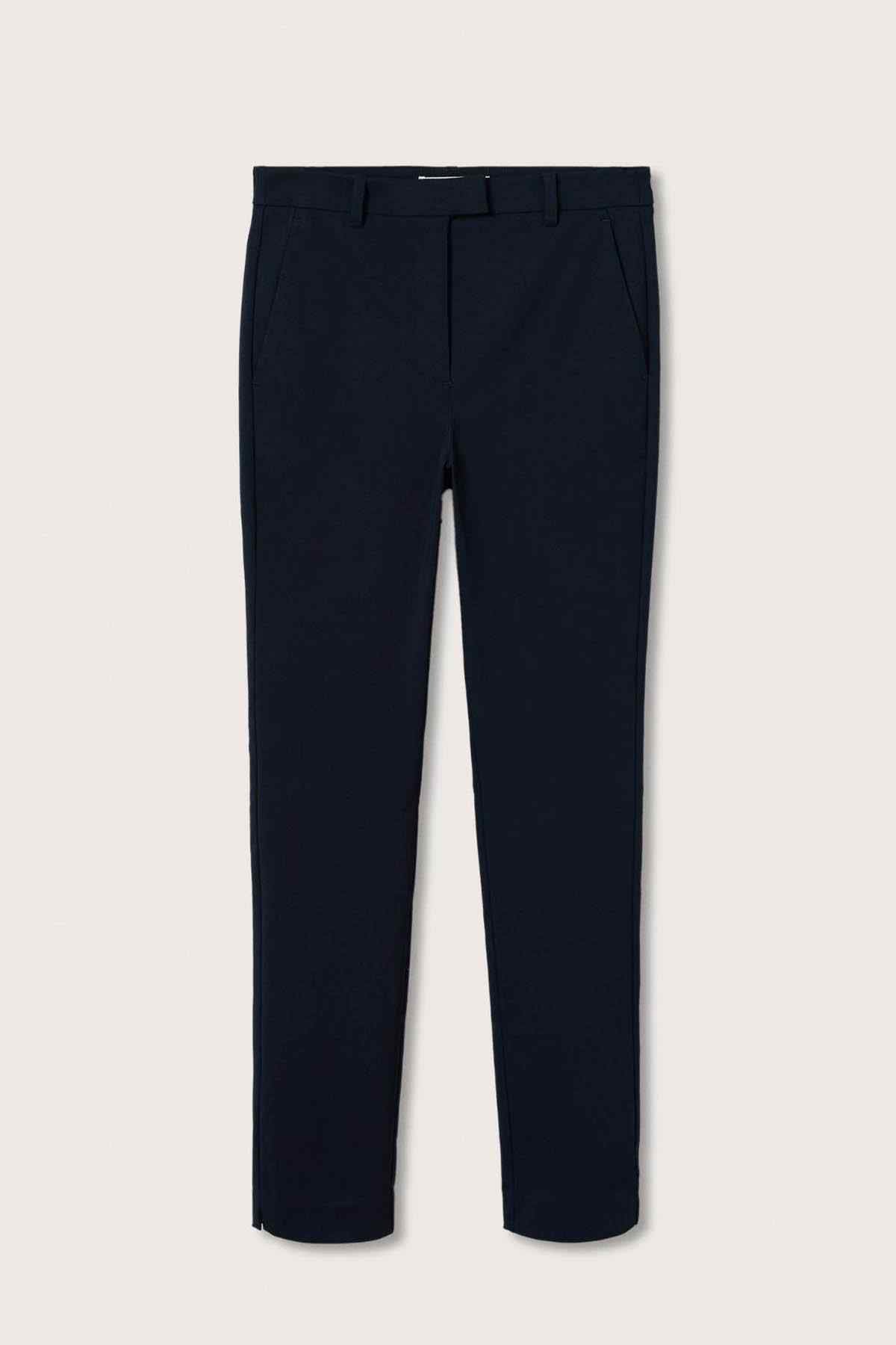 Flat-lay tailored ankle-length trousers with belt loops, dark navy