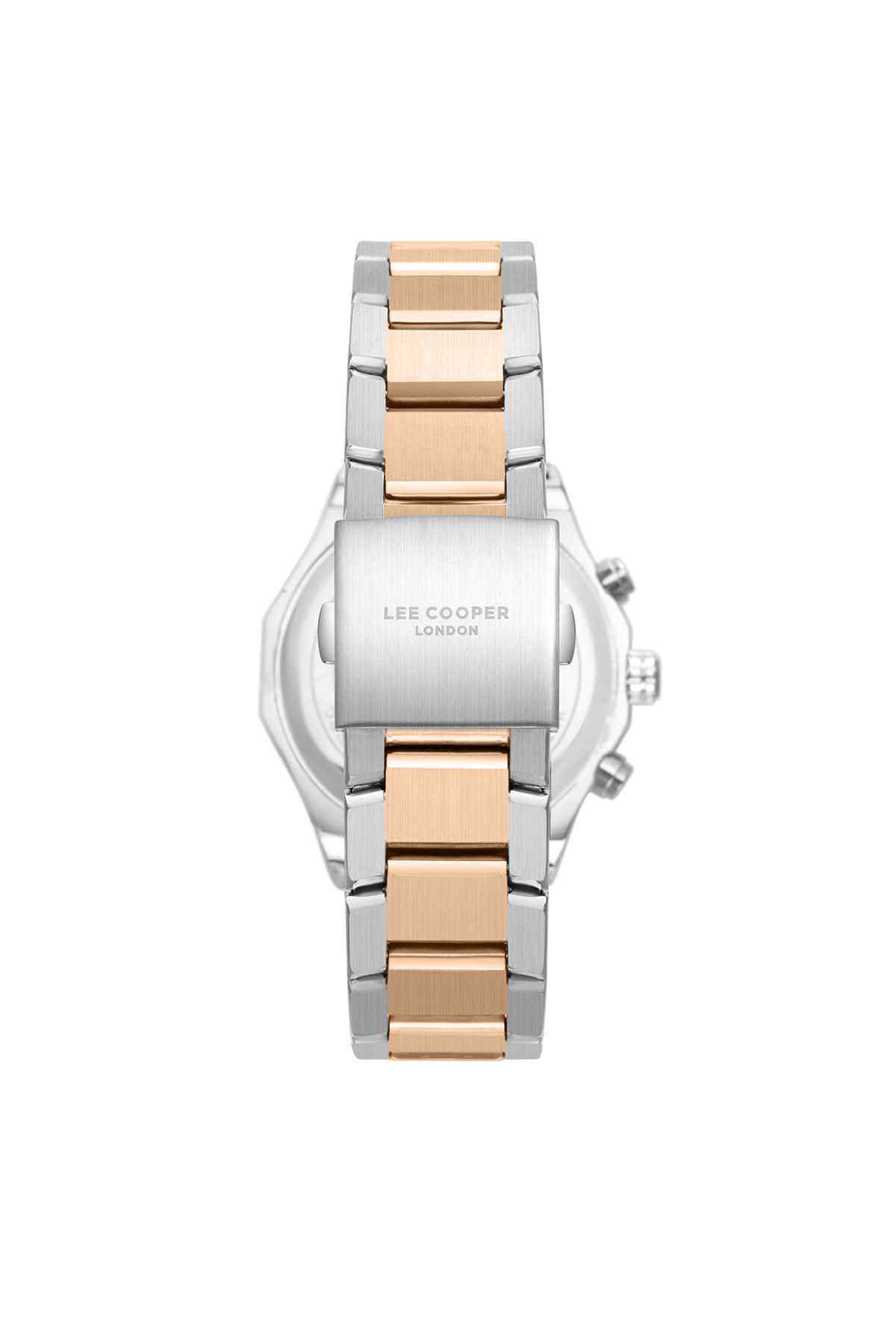 Lee Cooper wristwatch with silver case and rose-gold center links, front dial details