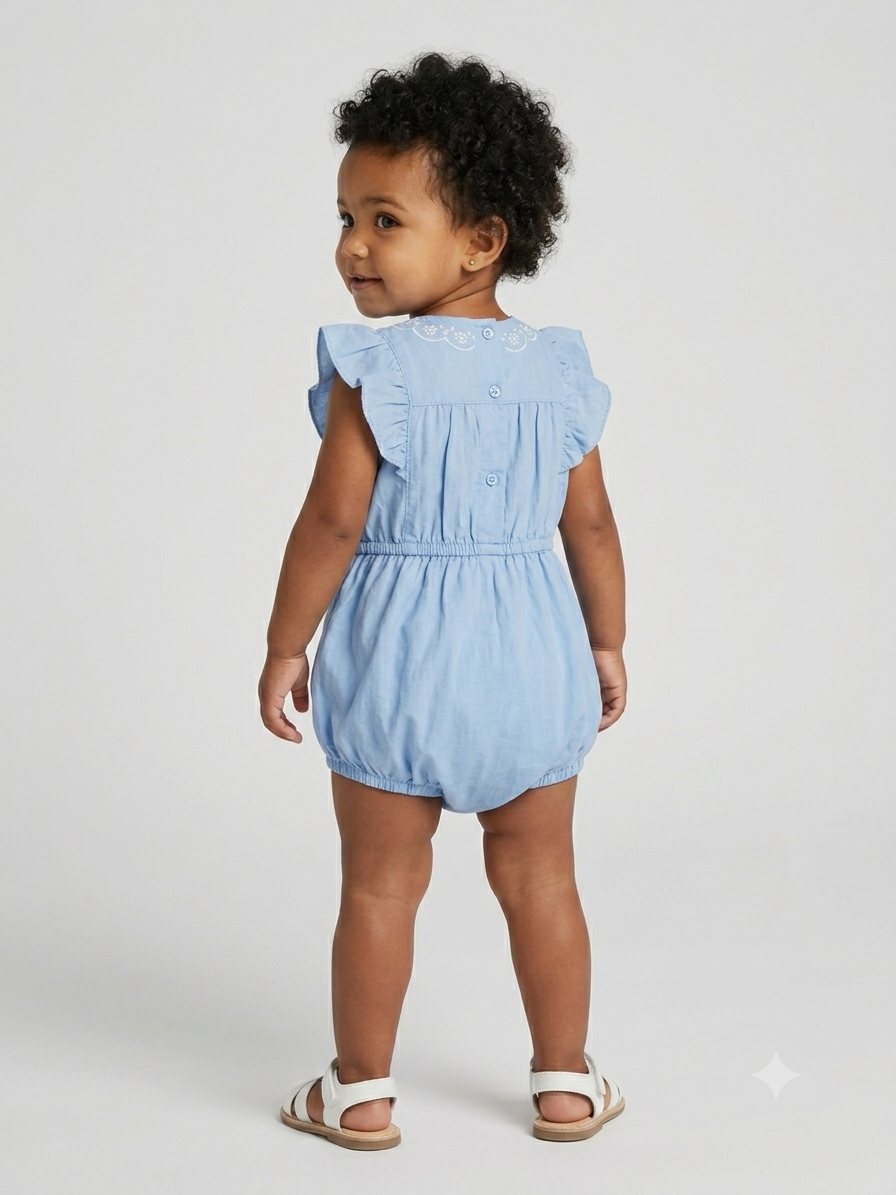 Light blue baby romper with flutter ruffled shoulders and gathered waist, front buttons
