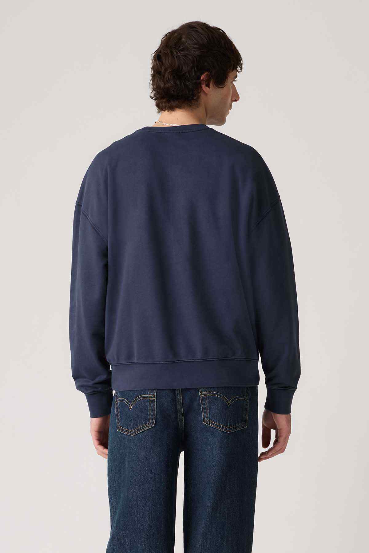 Levi's crewneck sweatshirt back view in blue with ribbed waistband