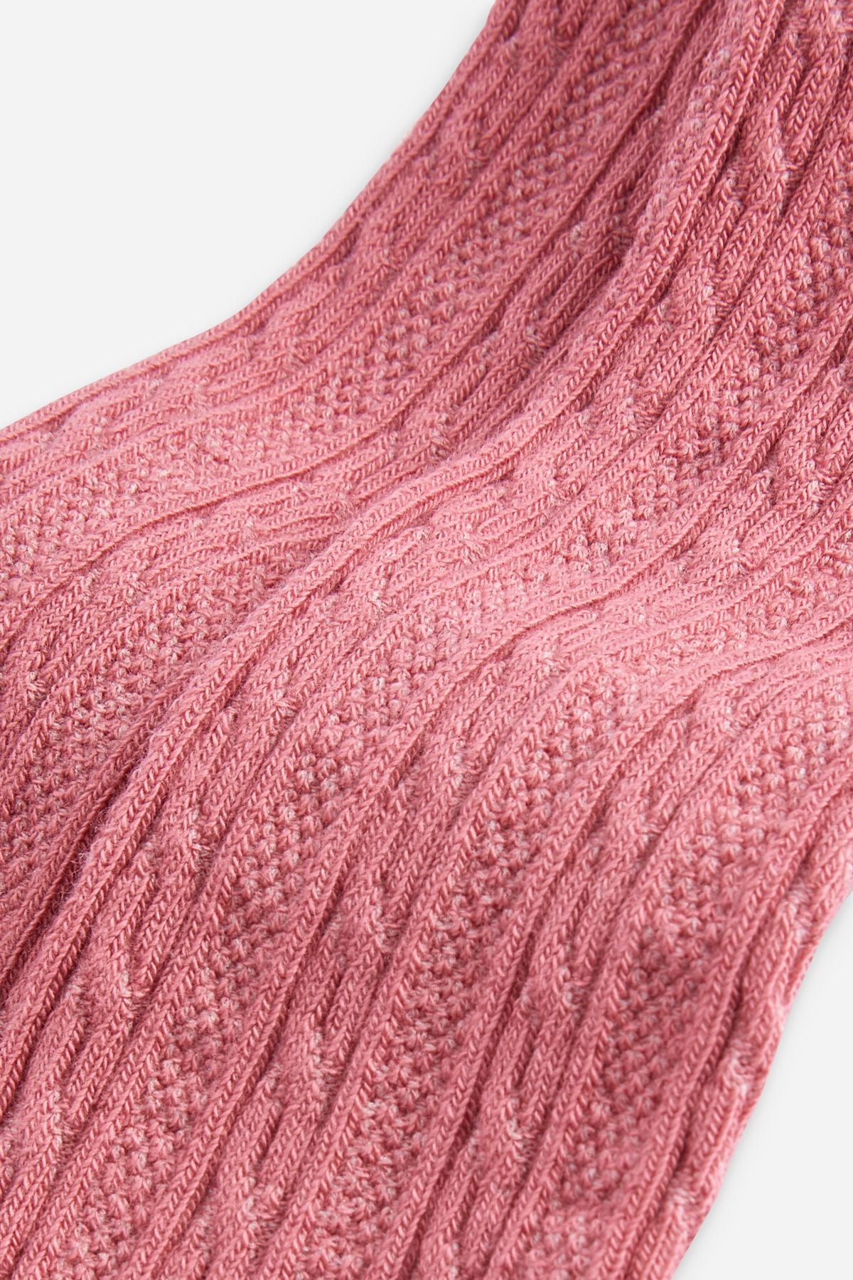 Pink knit tights close-up with textured cable pattern and seam detail