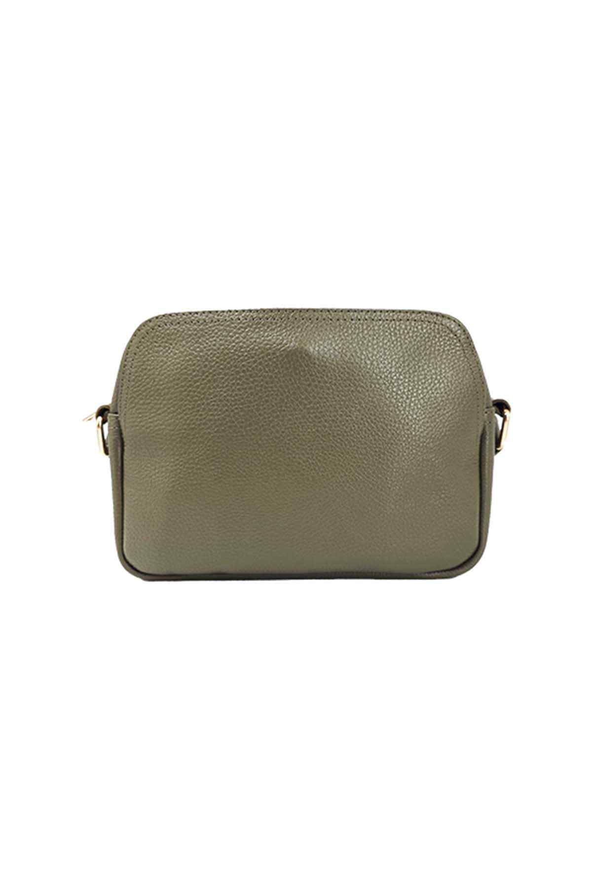 Lafanzo moss green crossbody bag with rounded top, zip closure, and side handles