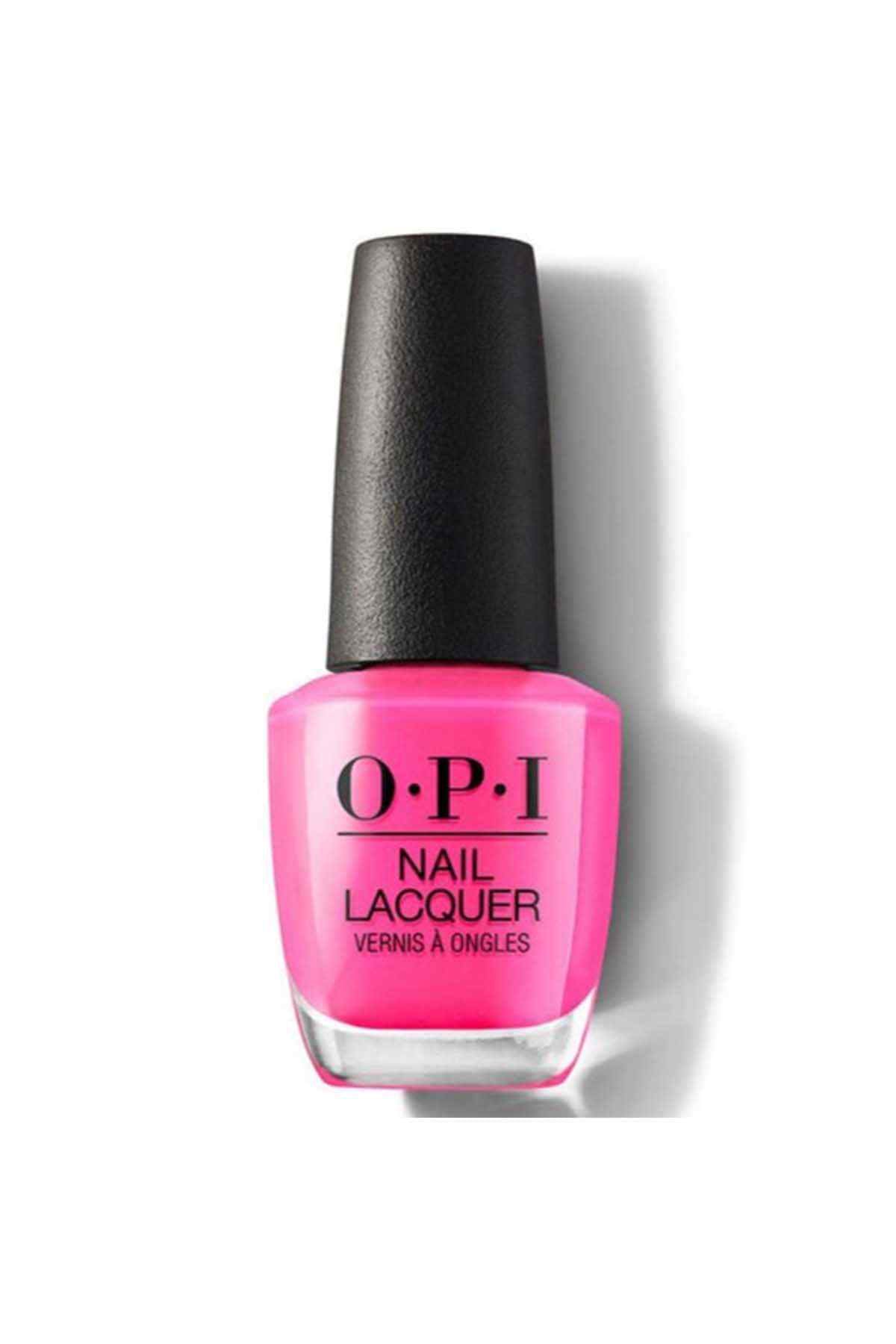 OPI nail lacquer bottle, hot pink glossy polish in square glass