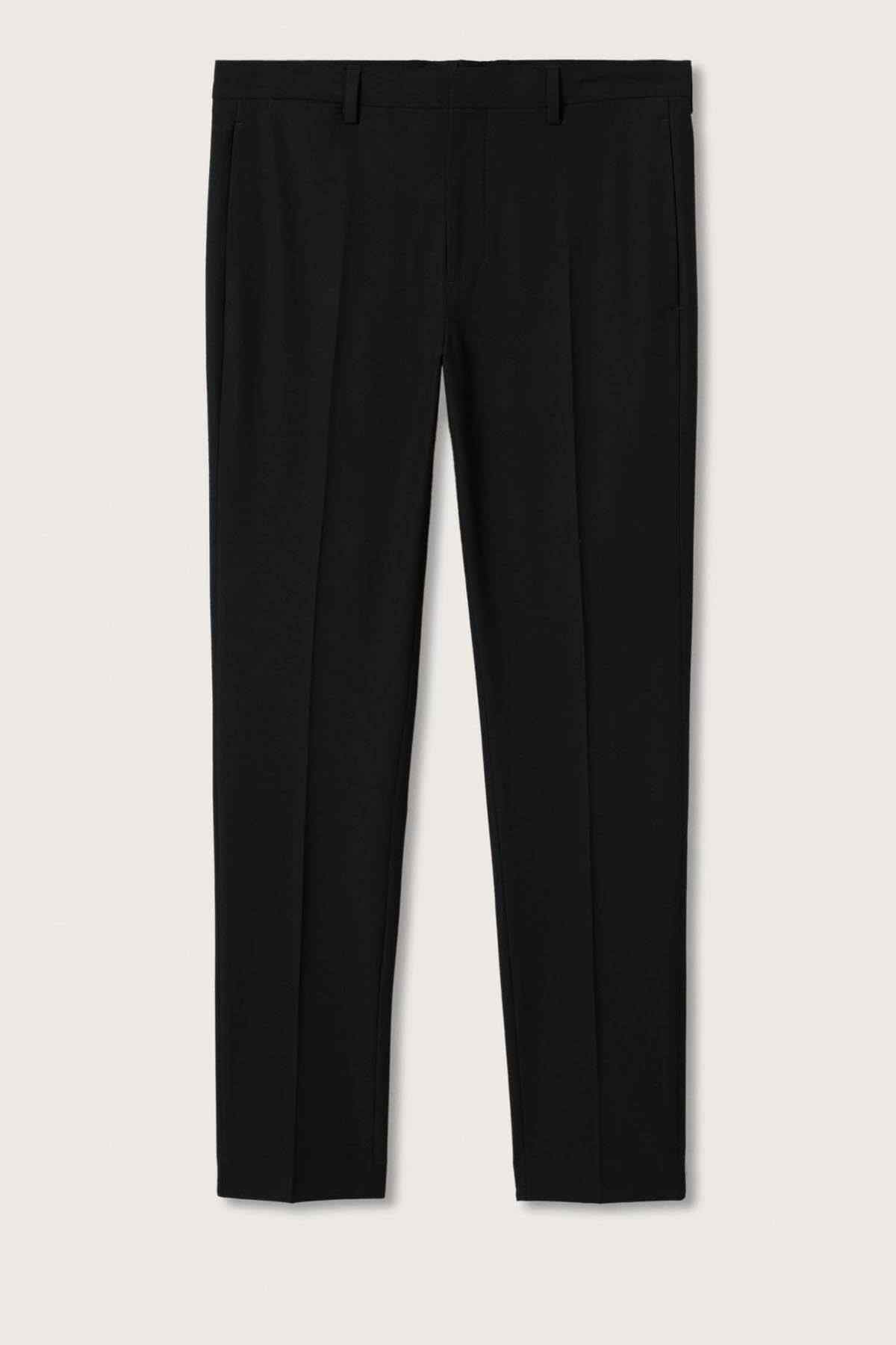 Black tailored trousers laid flat, showing waistband, belt loops, and straight legs.