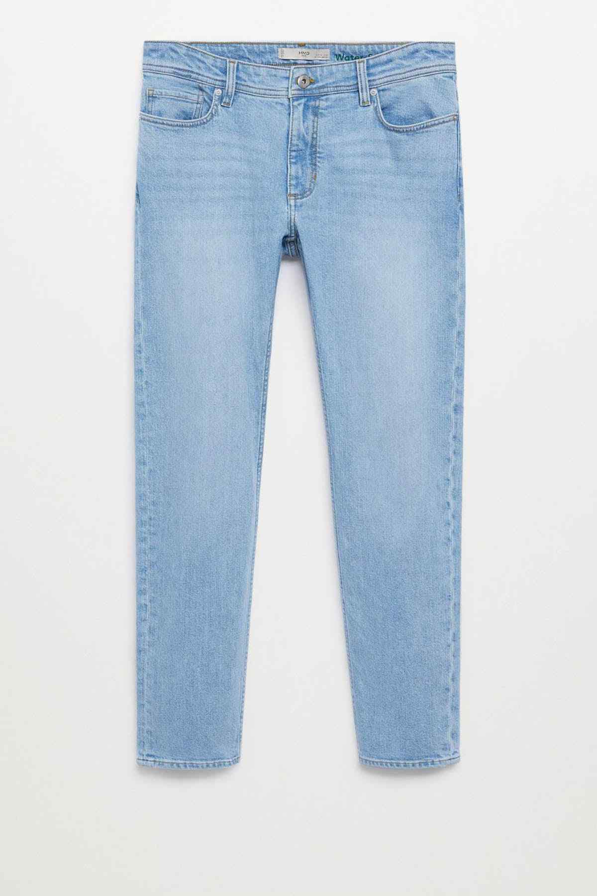Light blue straight jeans flat lay with button fly and belt loops