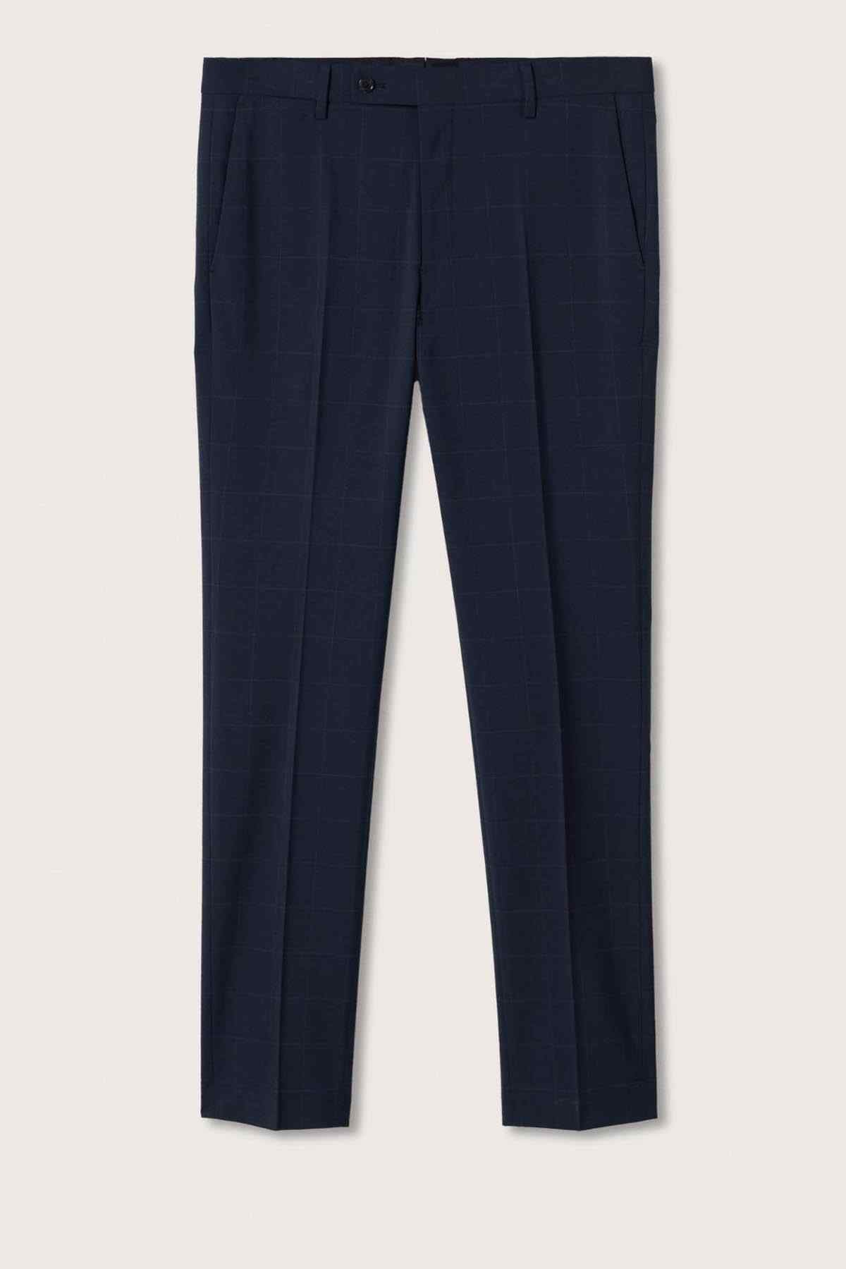 Dark navy dress trousers, flat front, straight leg, belt loops