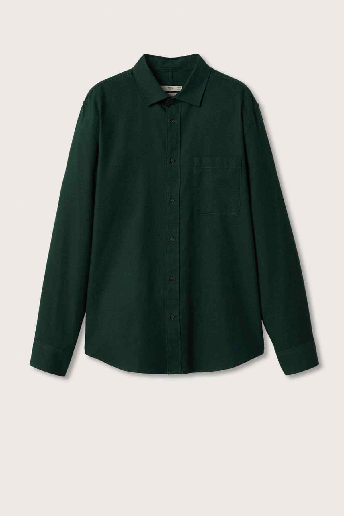 Dark green long-sleeve button-up shirt on a hanger
