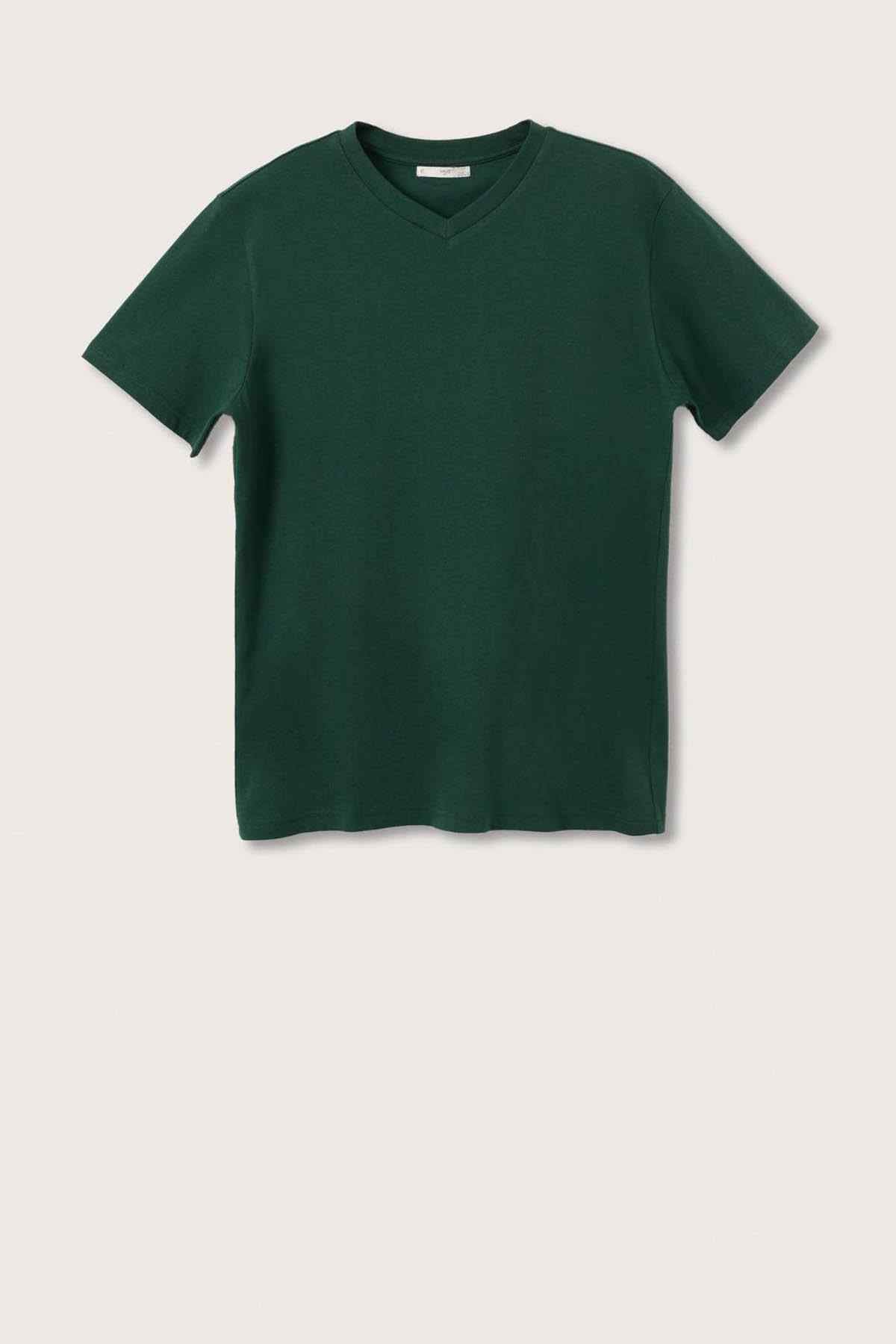 MANGO dark green crew-neck short-sleeve T-shirt, laid flat