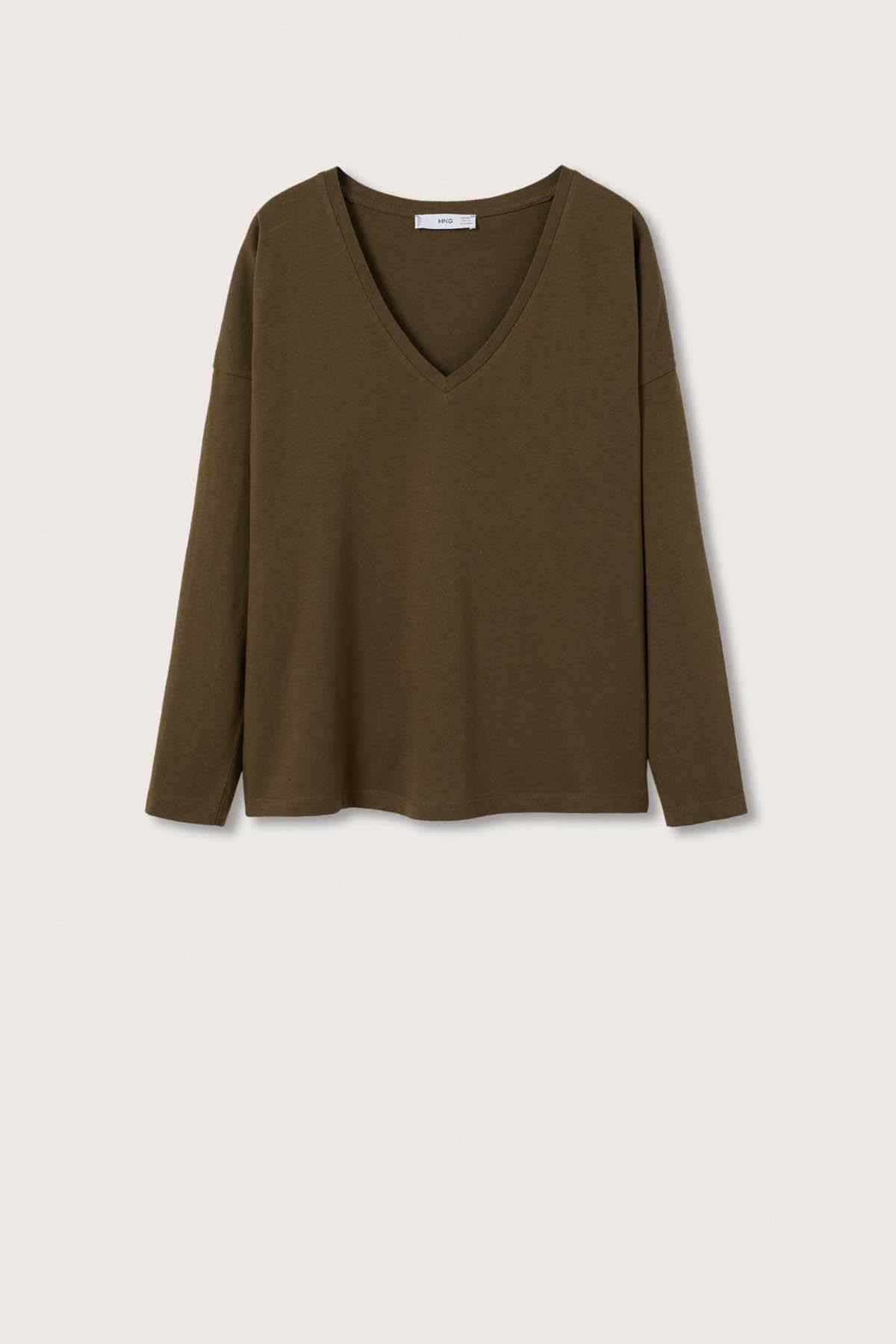 Olive green V-neck long-sleeve top, flat lay