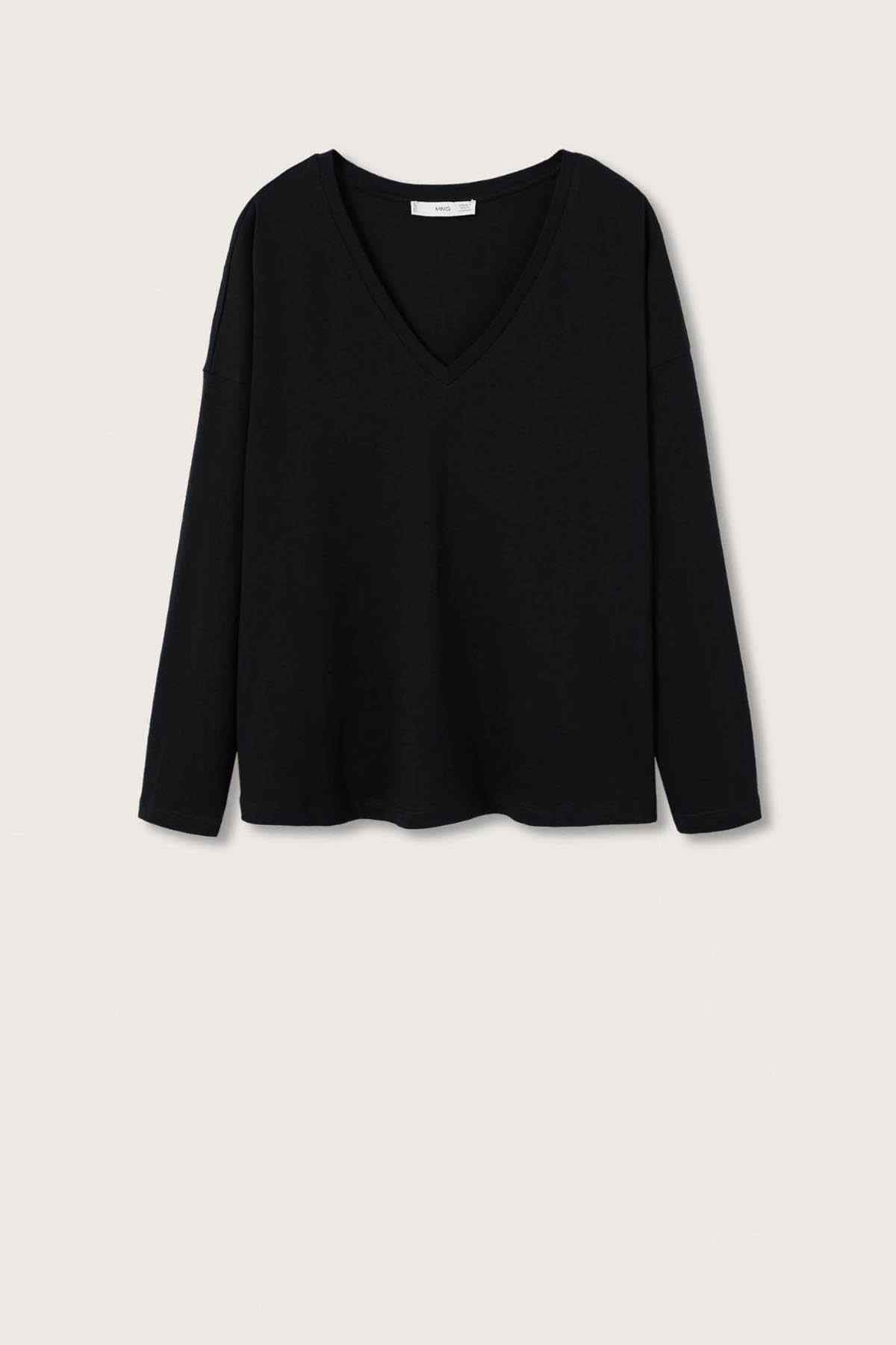 Black V-neck long-sleeve top, flat lay