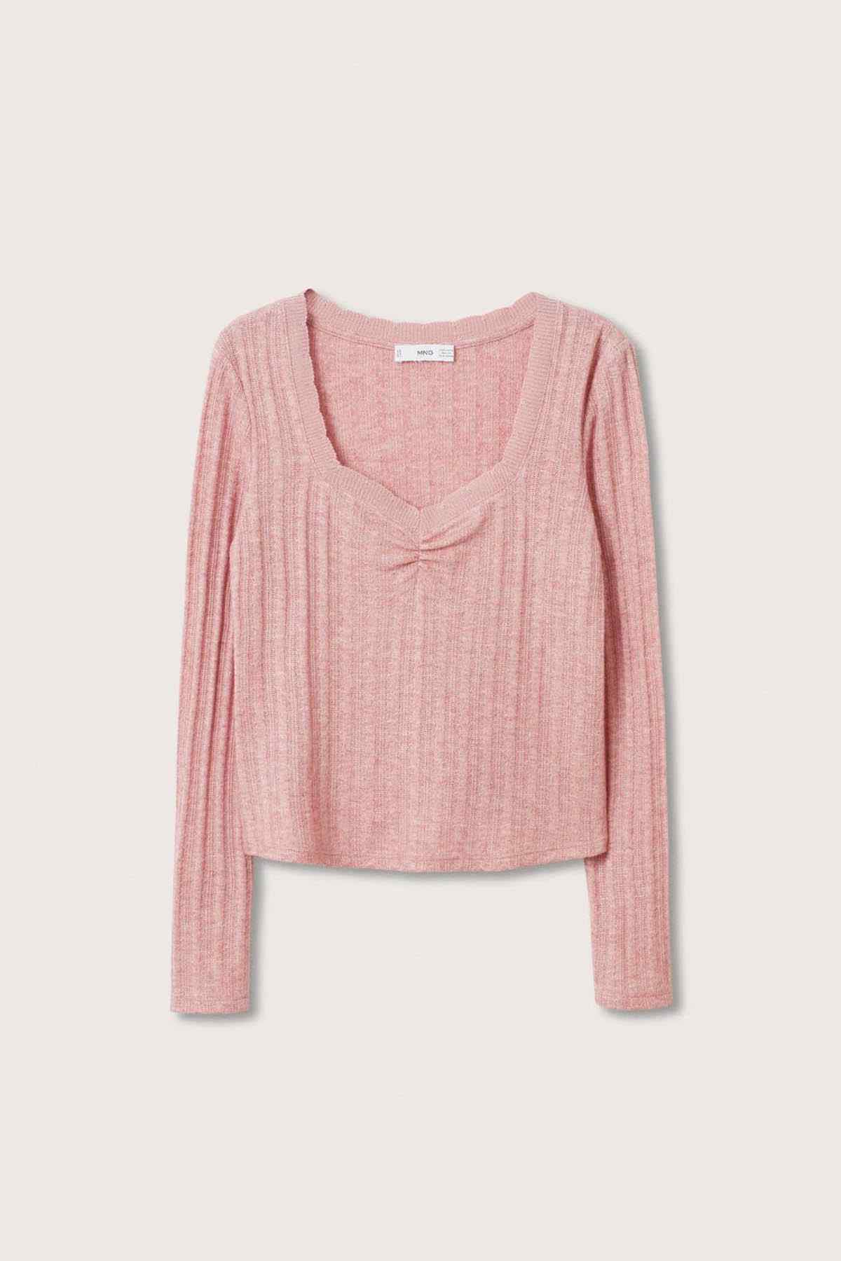 Pink knit V-neck long-sleeve top with draped cowl front