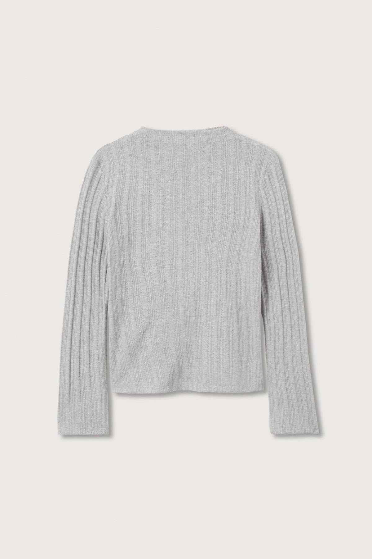 MANGO dark heather grey rib-knit turtleneck sweater, back view on hanger-like display