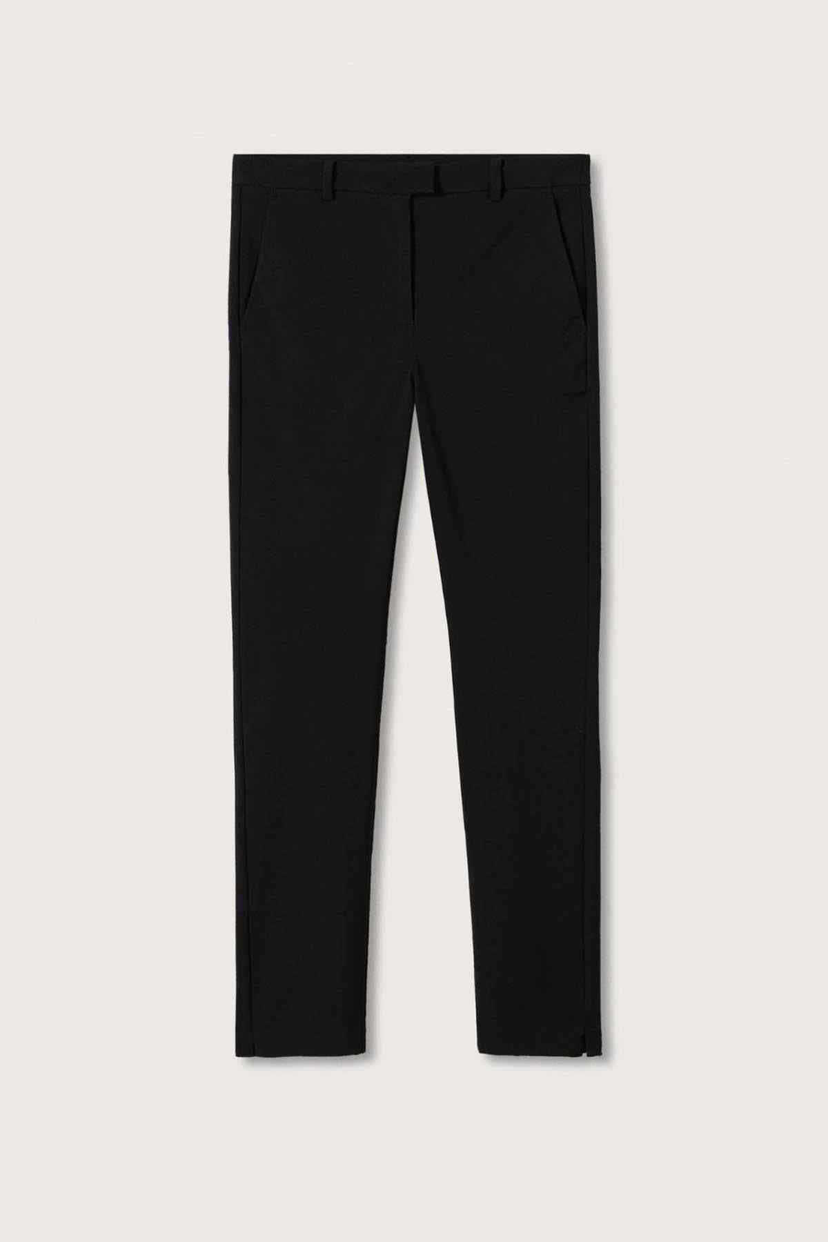 Black trousers on a flat layout with tapered legs and ankle-length hem