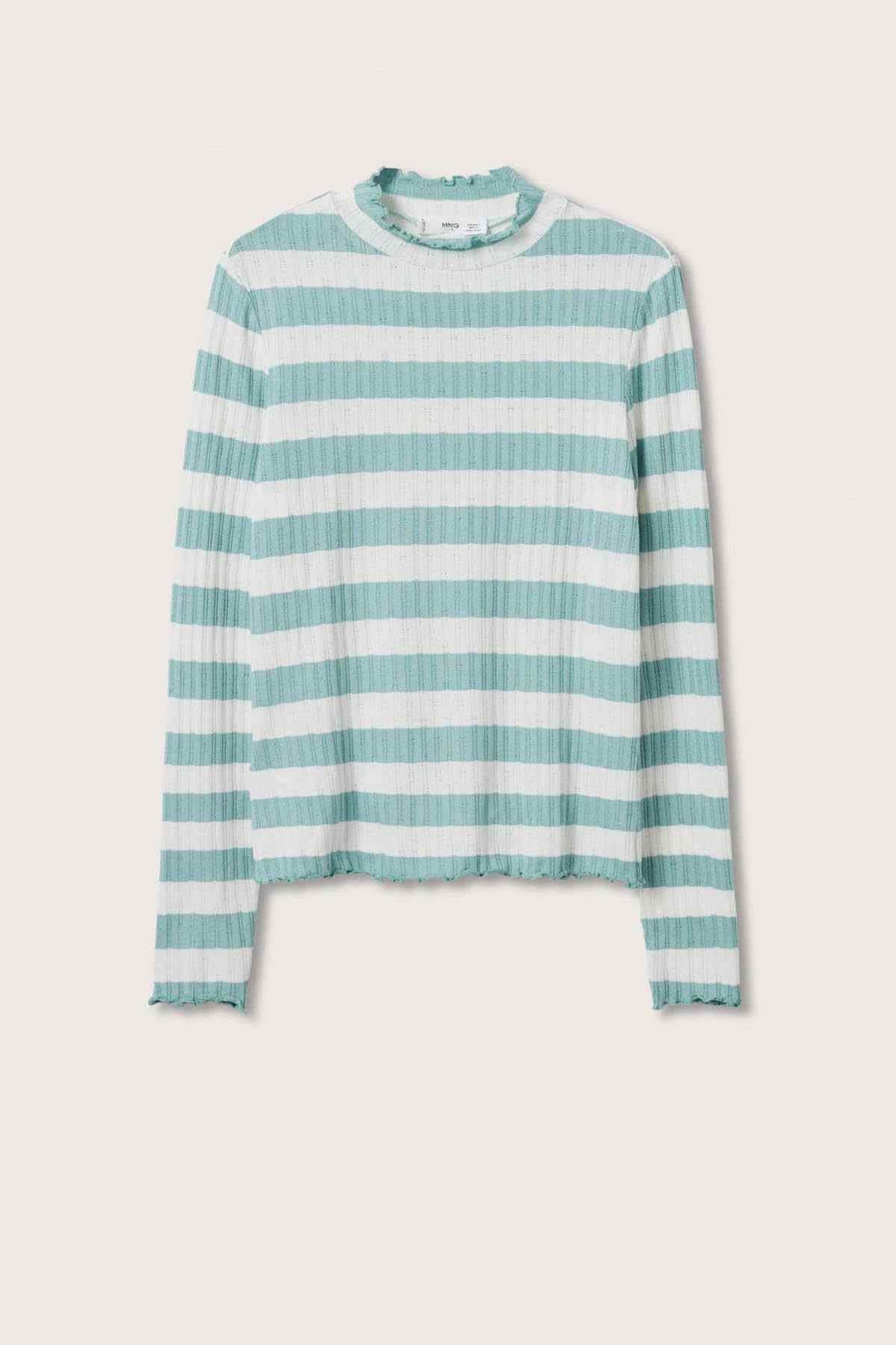 MANGO striped knit long-sleeve top, crew neck, turquoise and white stripes, ruffled hem