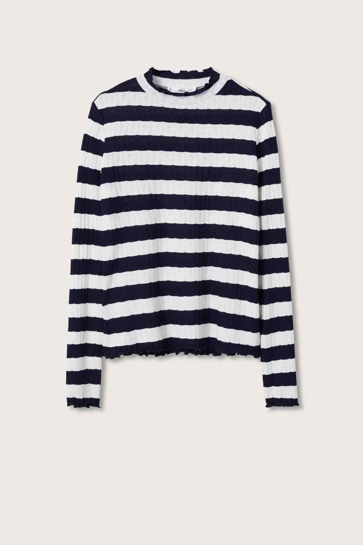 Navy and white striped knit sweater with crew neck and long sleeves