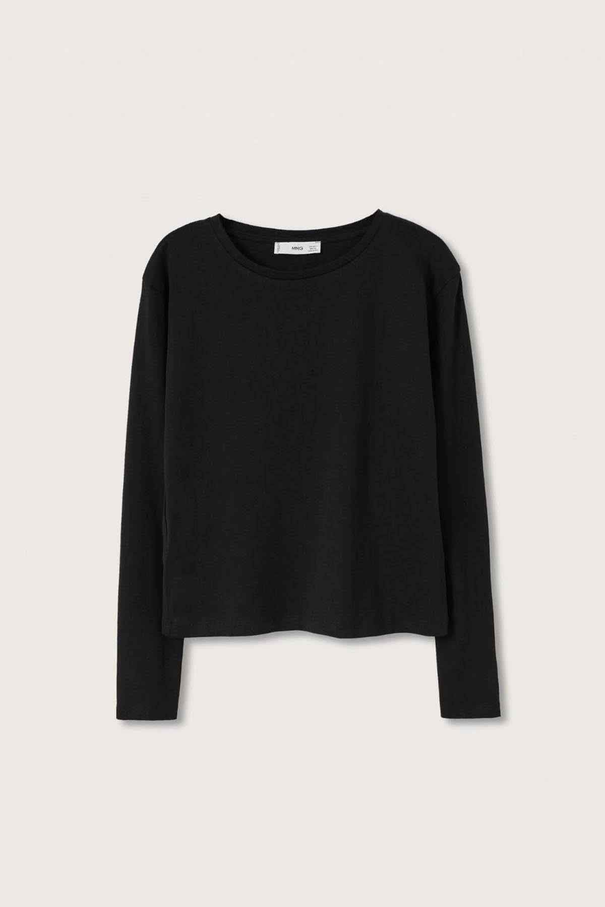Black long-sleeve crewneck top, flat lay with straight hem