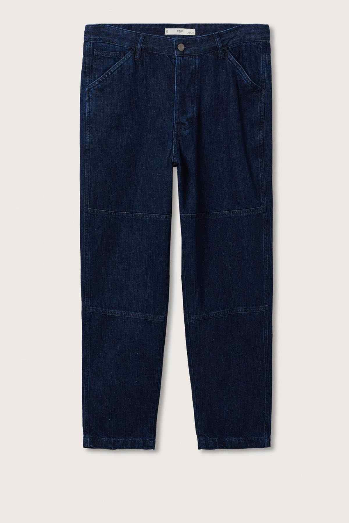 Dark blue denim jeans, flat lay, button closure and straight legs