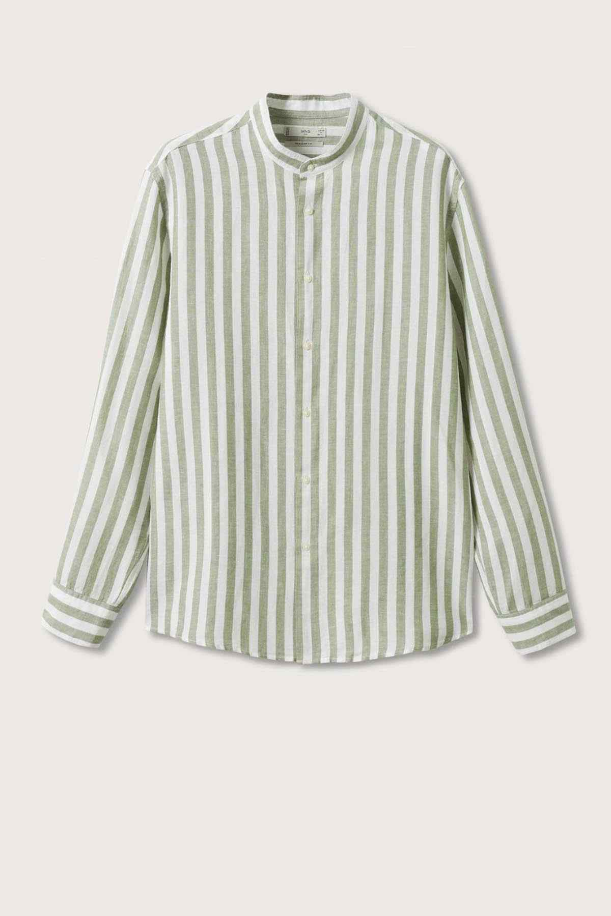 Striped button-up shirt with long sleeves, stand collar, and button placket