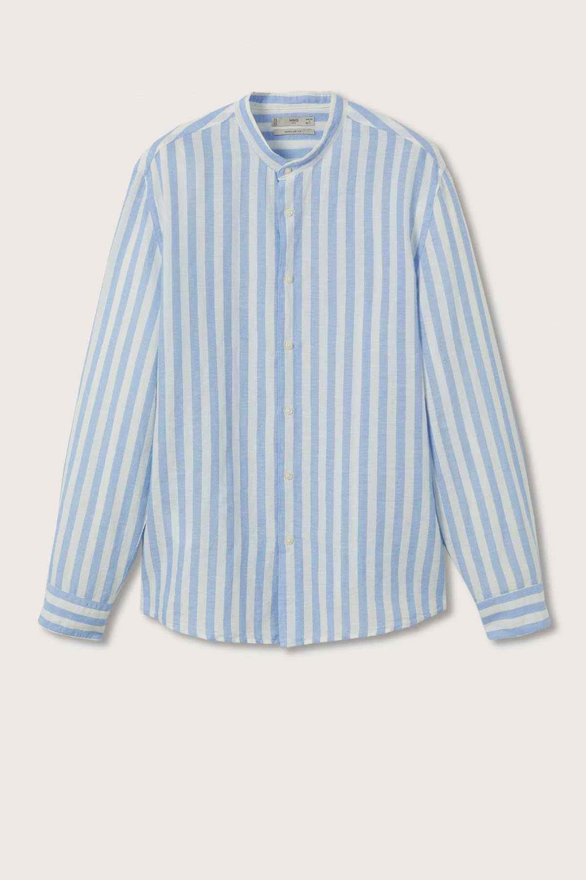 MANGO light blue striped linen button-up shirt, laid flat with long sleeves