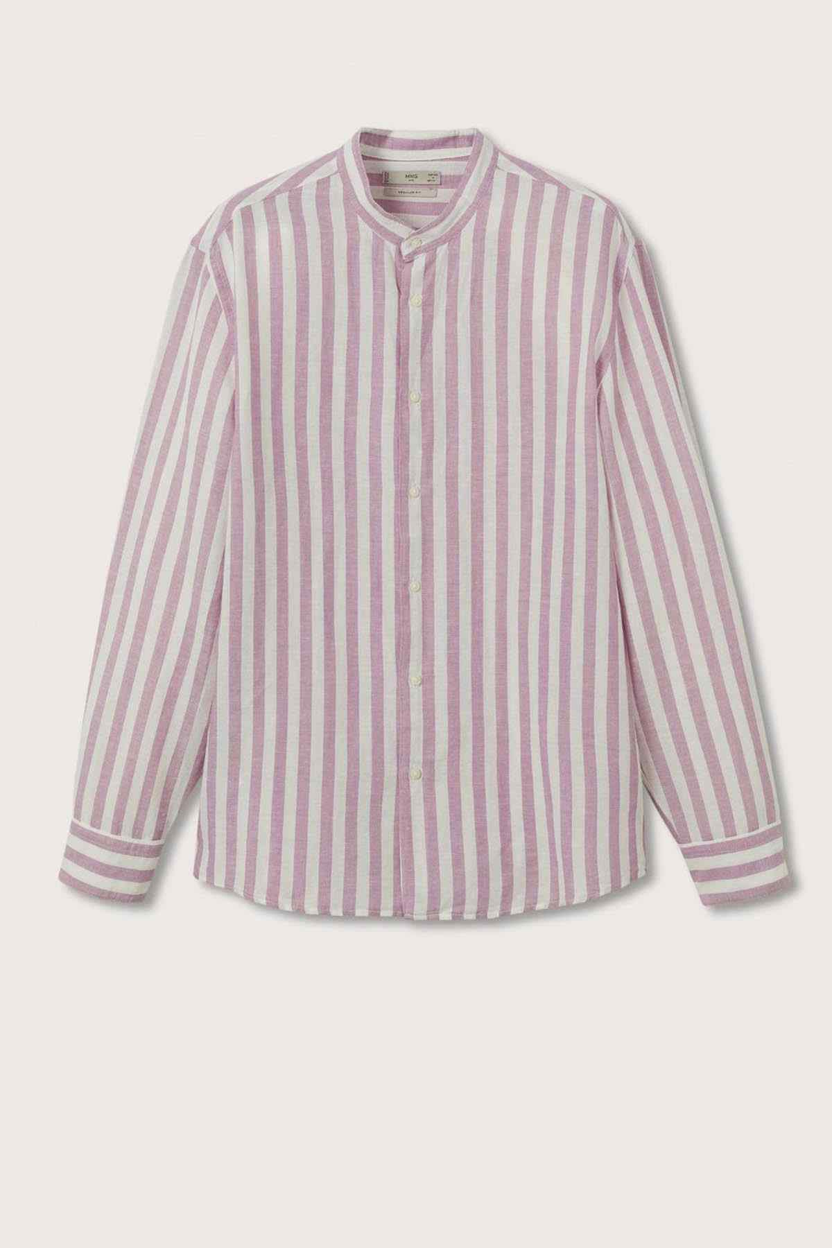 Lavender striped long-sleeve button-up shirt with stand collar