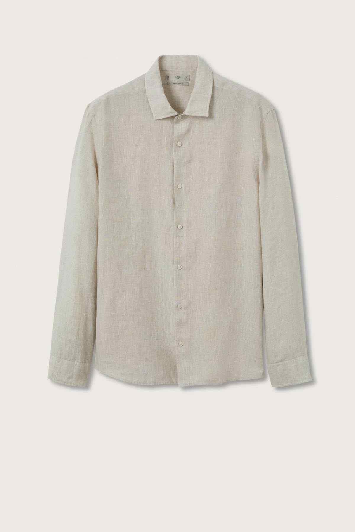 Men's beige linen button-up shirt with front buttons and classic collar