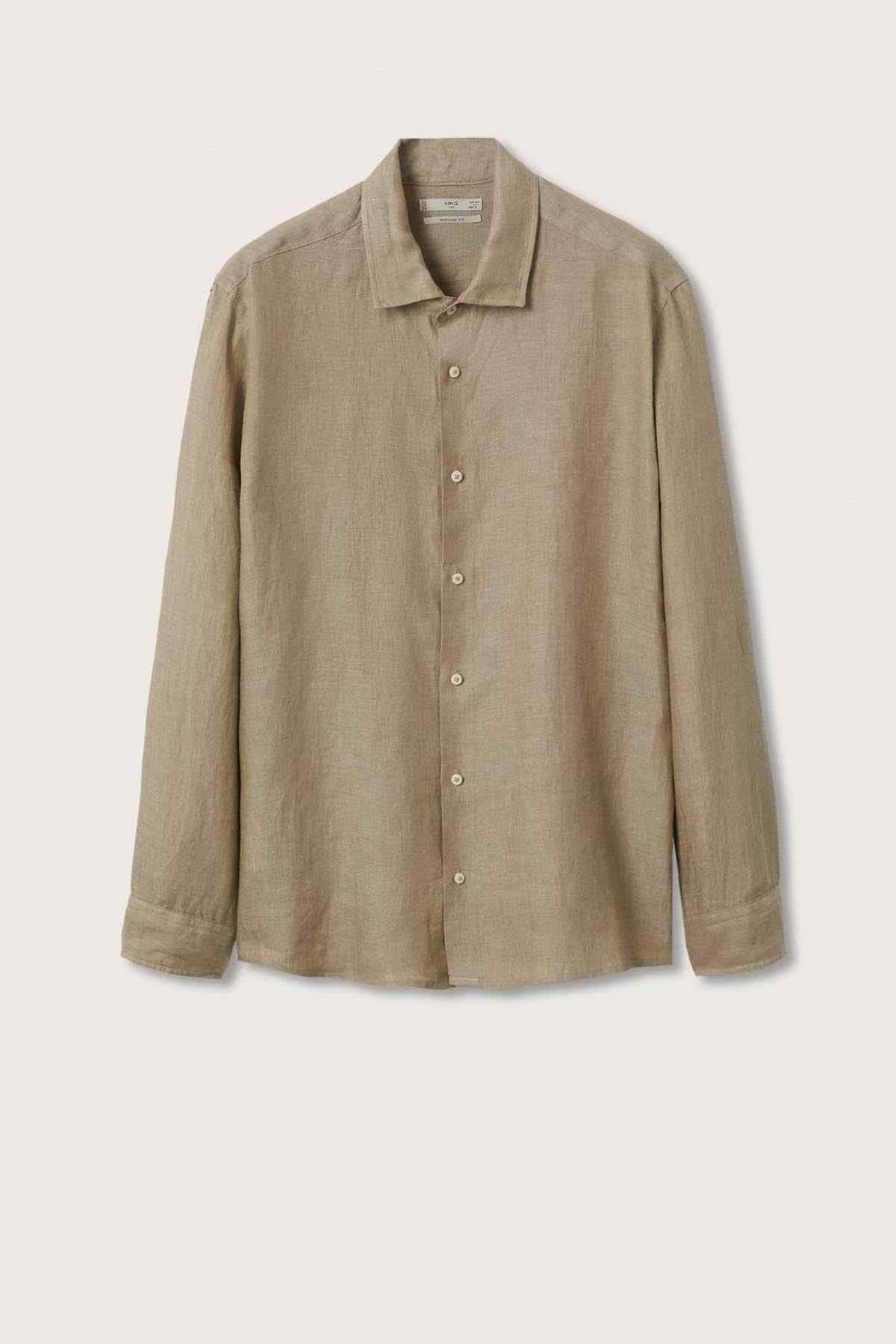 Mango medium-brown linen button-up shirt, full front view