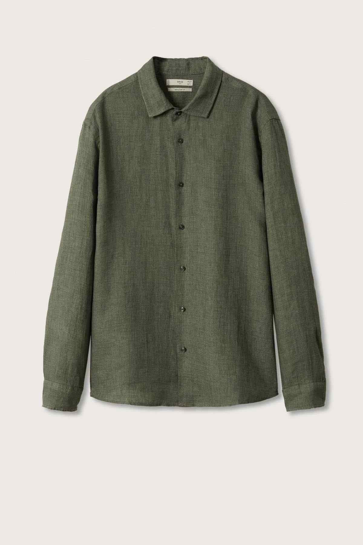 Green linen button-up shirt with point collar and button front