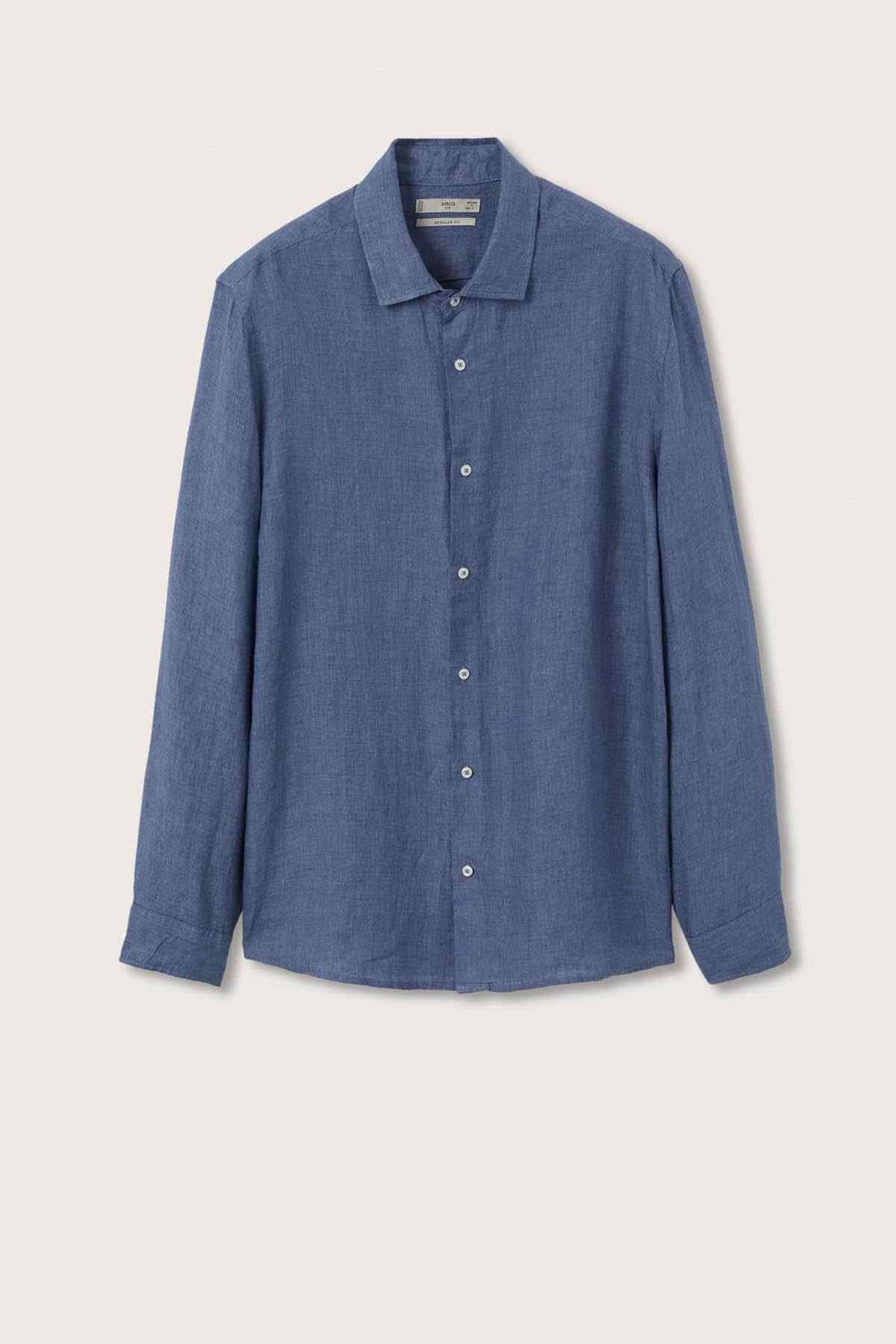 Indigo blue button-up shirt with collar and front buttons, long sleeves