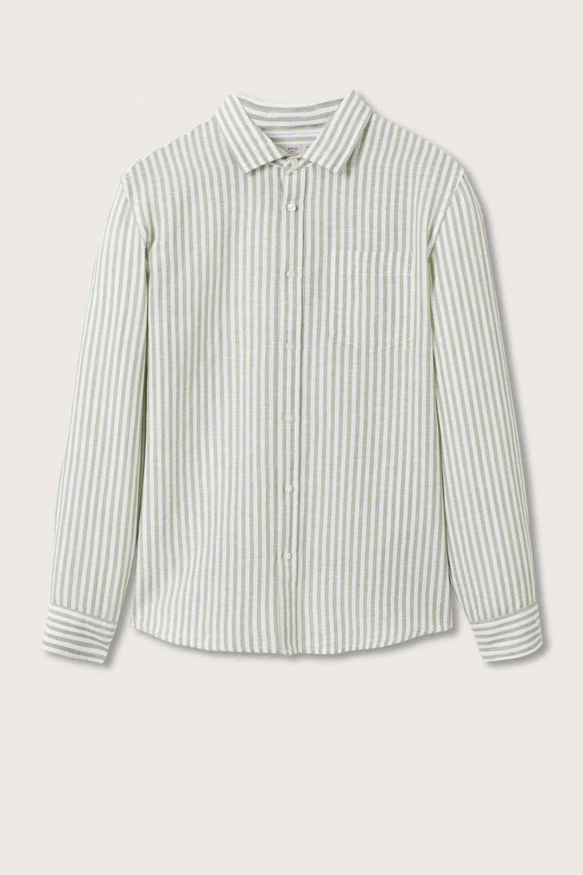 Green-and-white striped button-up shirt with button front and long sleeves