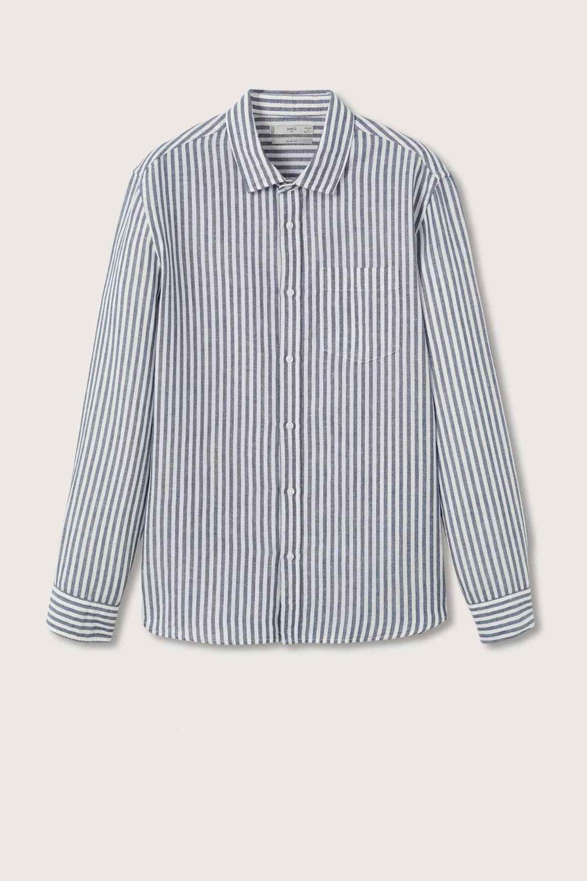 MANGO striped button-up shirt with navy and white vertical stripes, long sleeves, front buttons