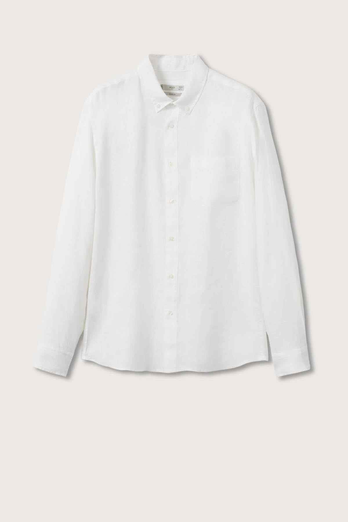 MANGO white button-up shirt on hanger, long sleeves and button front