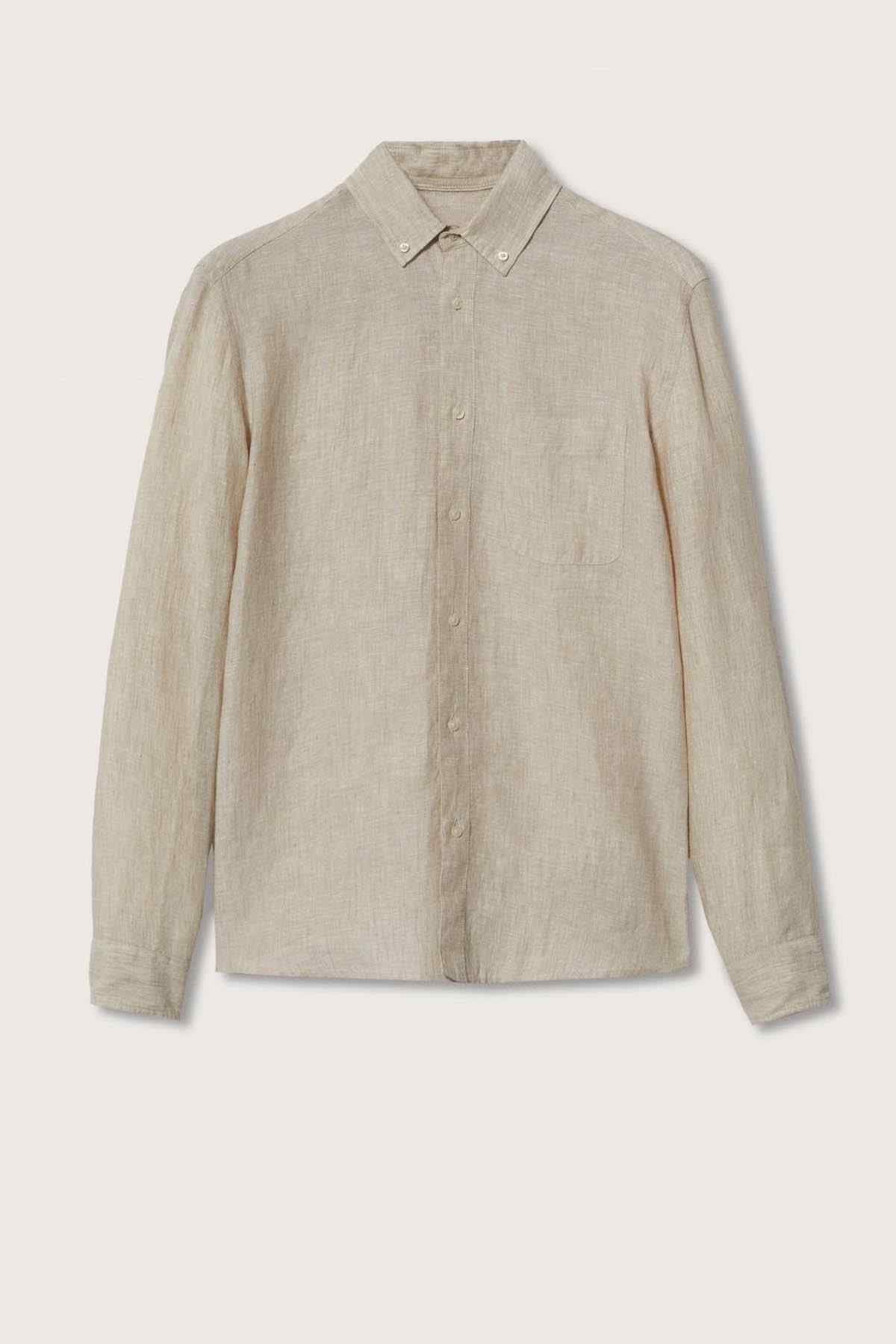 Beige linen button-up shirt with long sleeves and front button placket