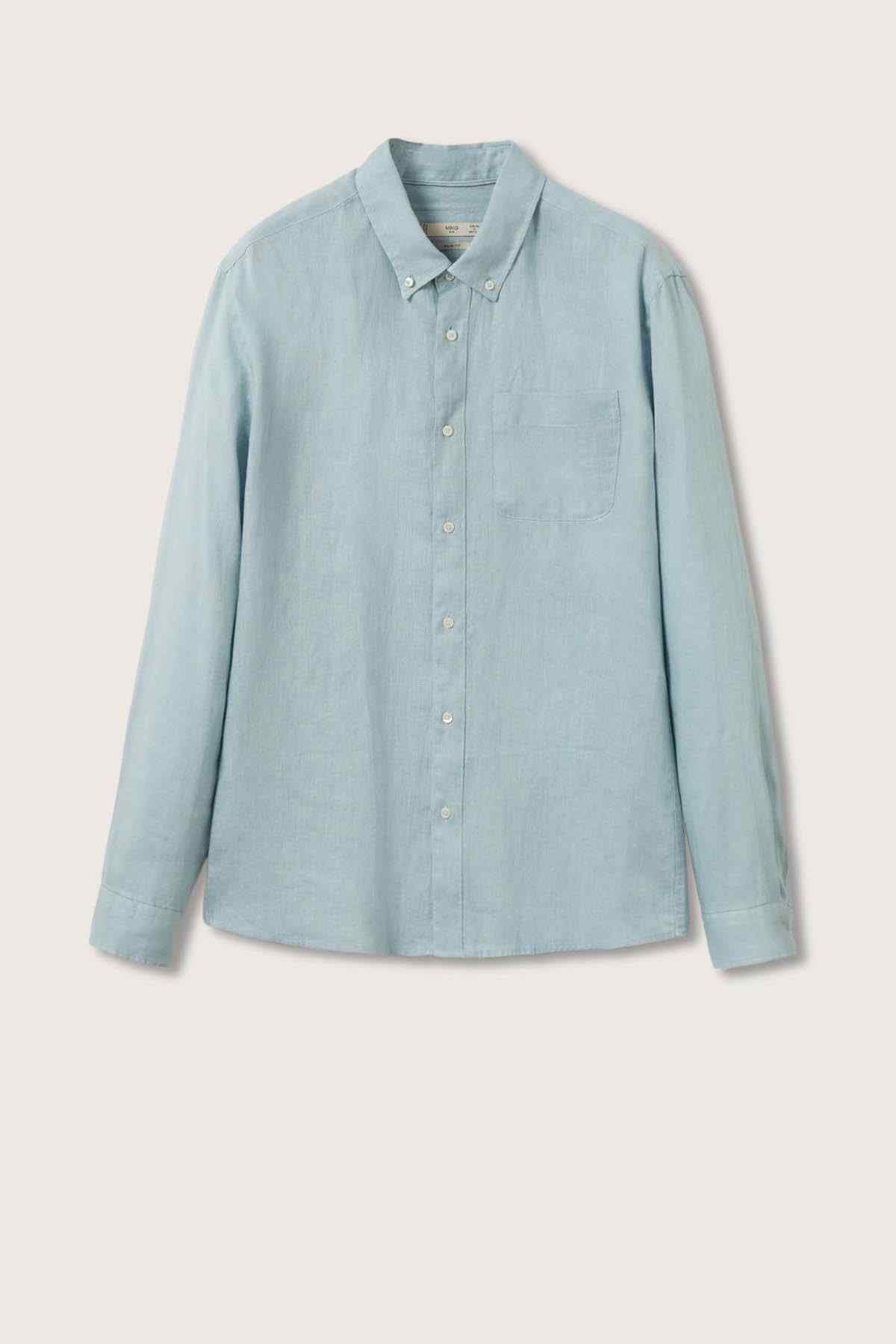 Light blue linen button-up shirt laid flat with collar and button front