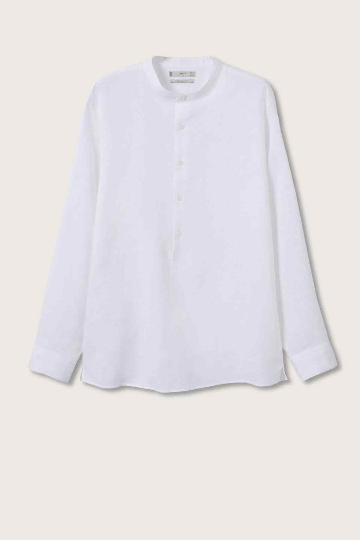 White button-up shirt with mandarin collar and front button placket, long sleeves