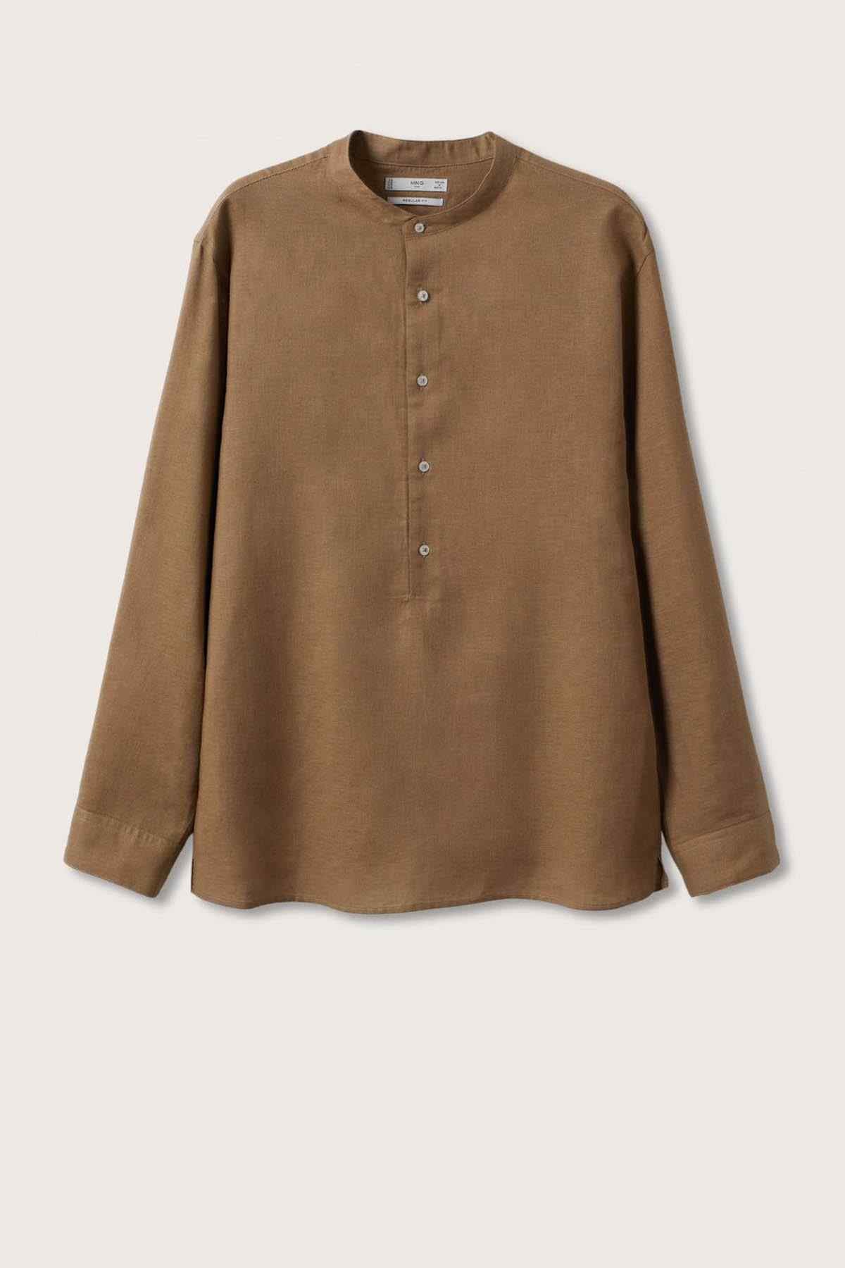 Brown long-sleeve button-up shirt, front view on light background