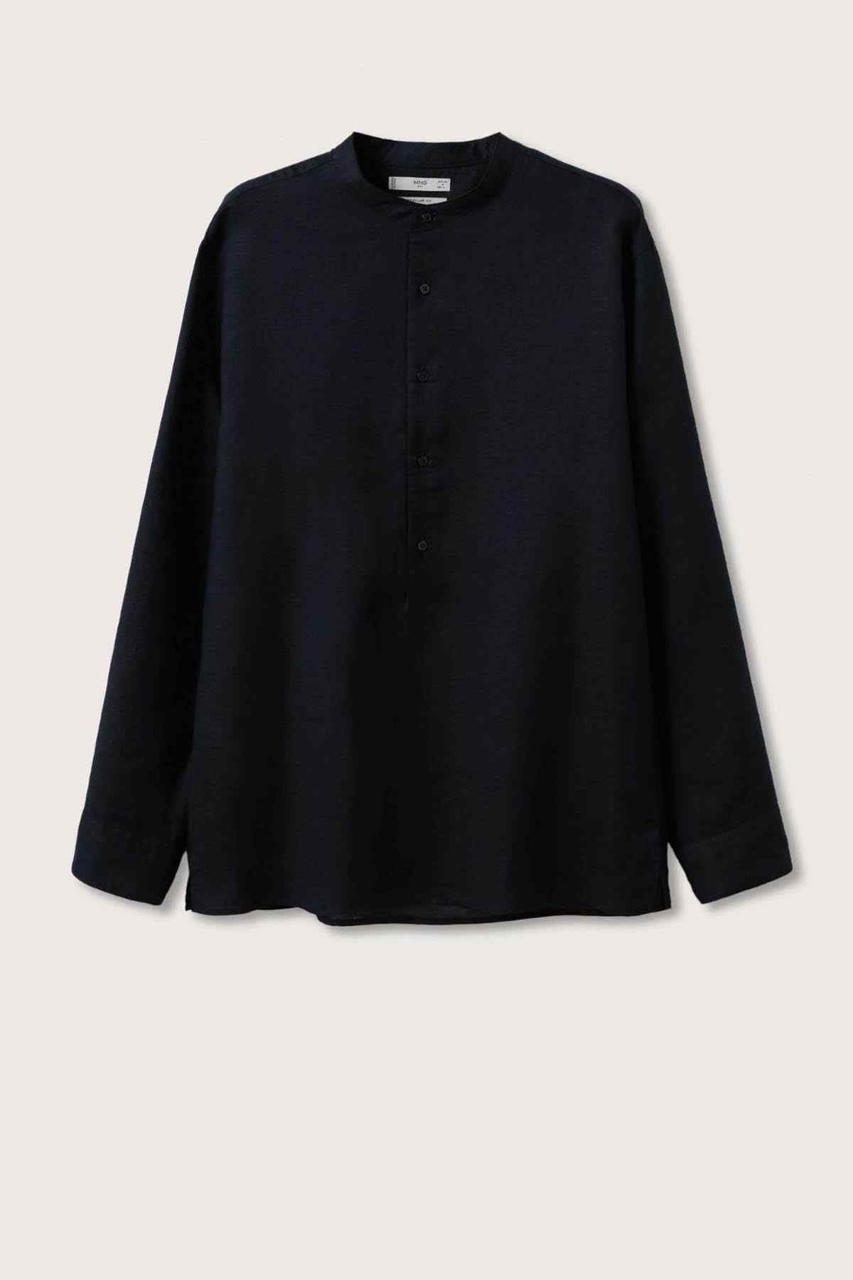 Dark long-sleeve button-up shirt front view on hanger
