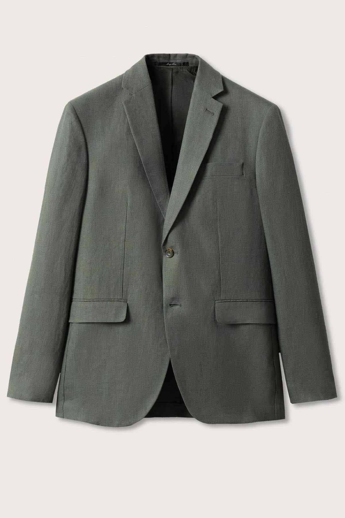 Men's green linen blazer front view with chest pocket and single button
