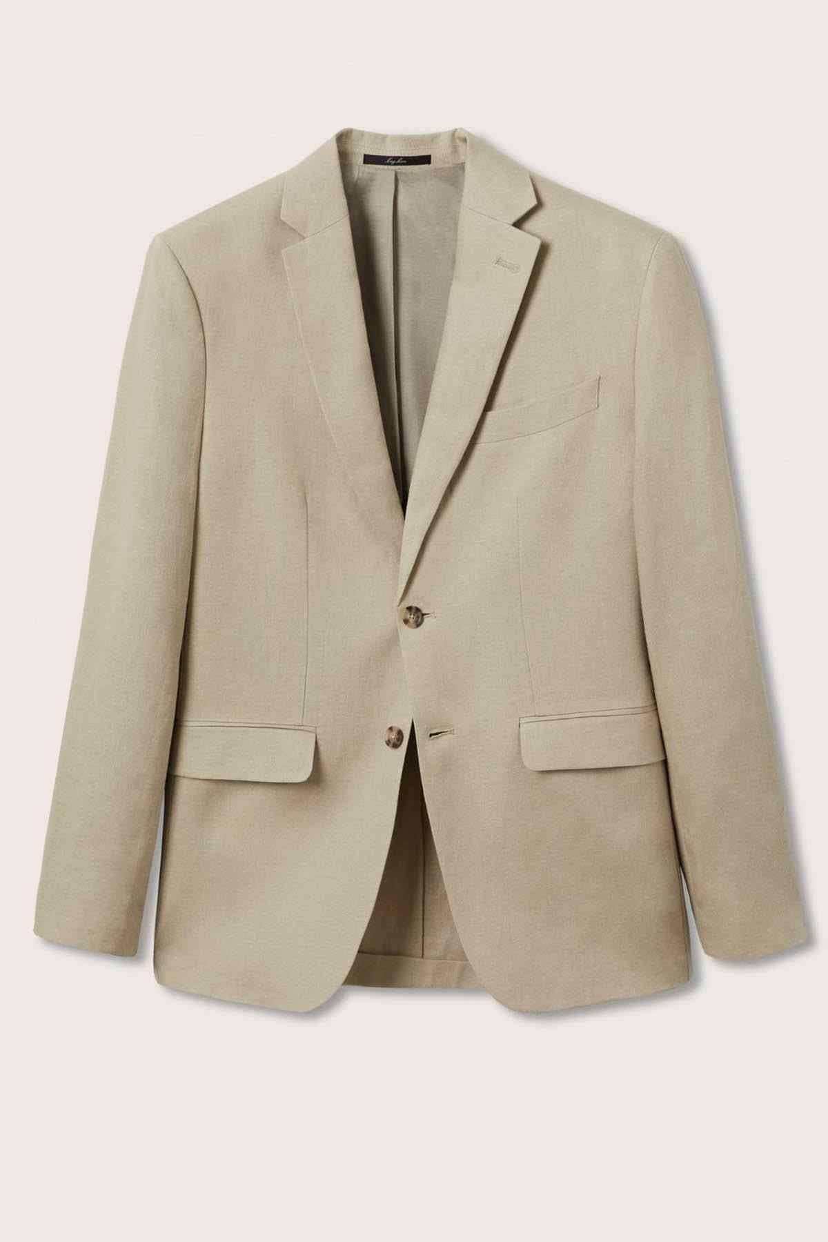 Sand slim-fit blazer with notch lapels and front flap pockets