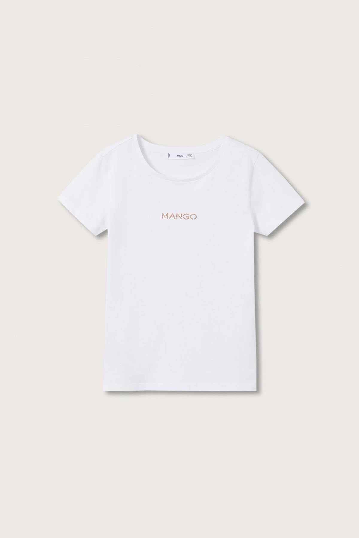 White crew-neck T-shirt with short sleeves and small orange logo, flat lay