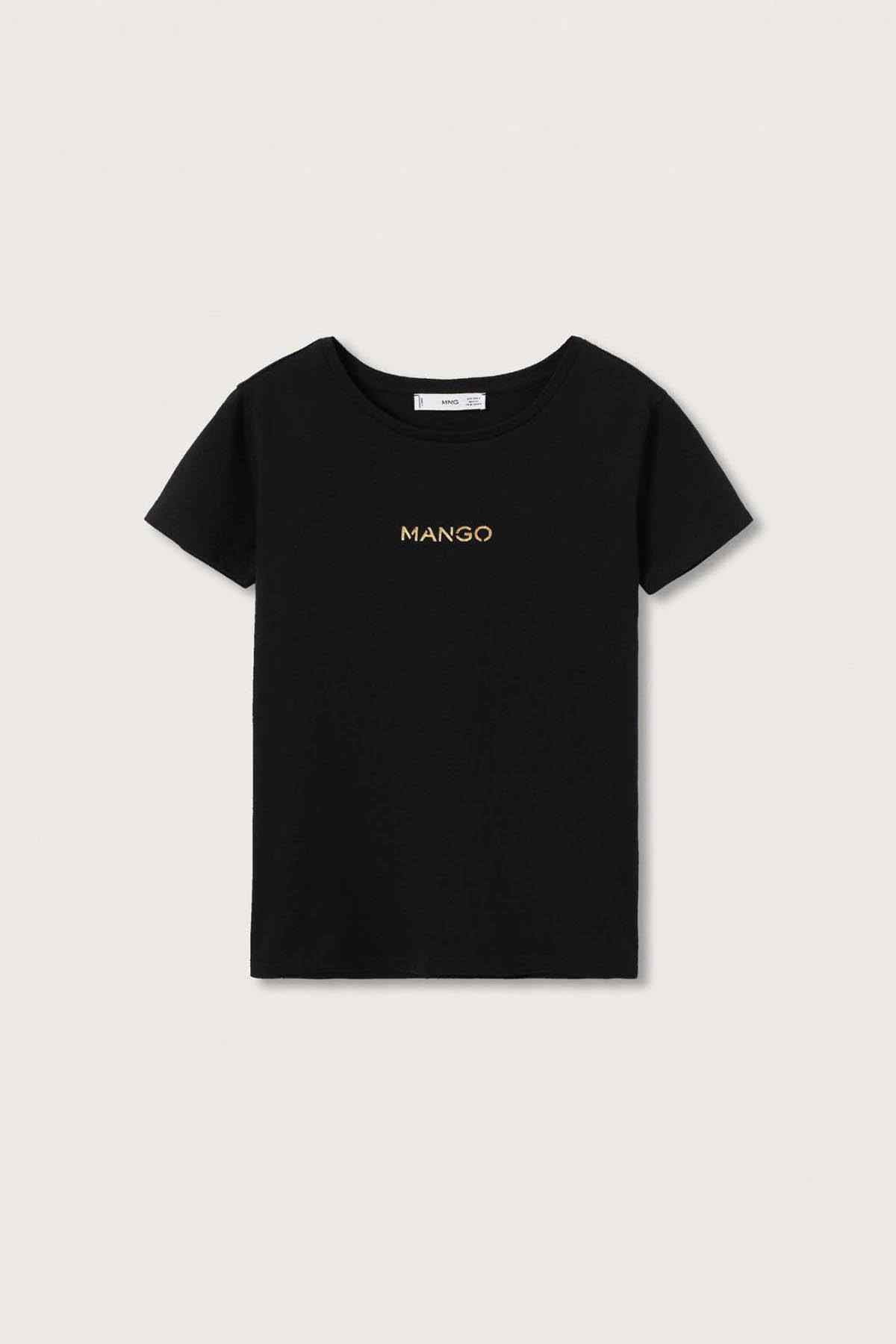 Black short-sleeve MANGO T-shirt with gold logo on chest.