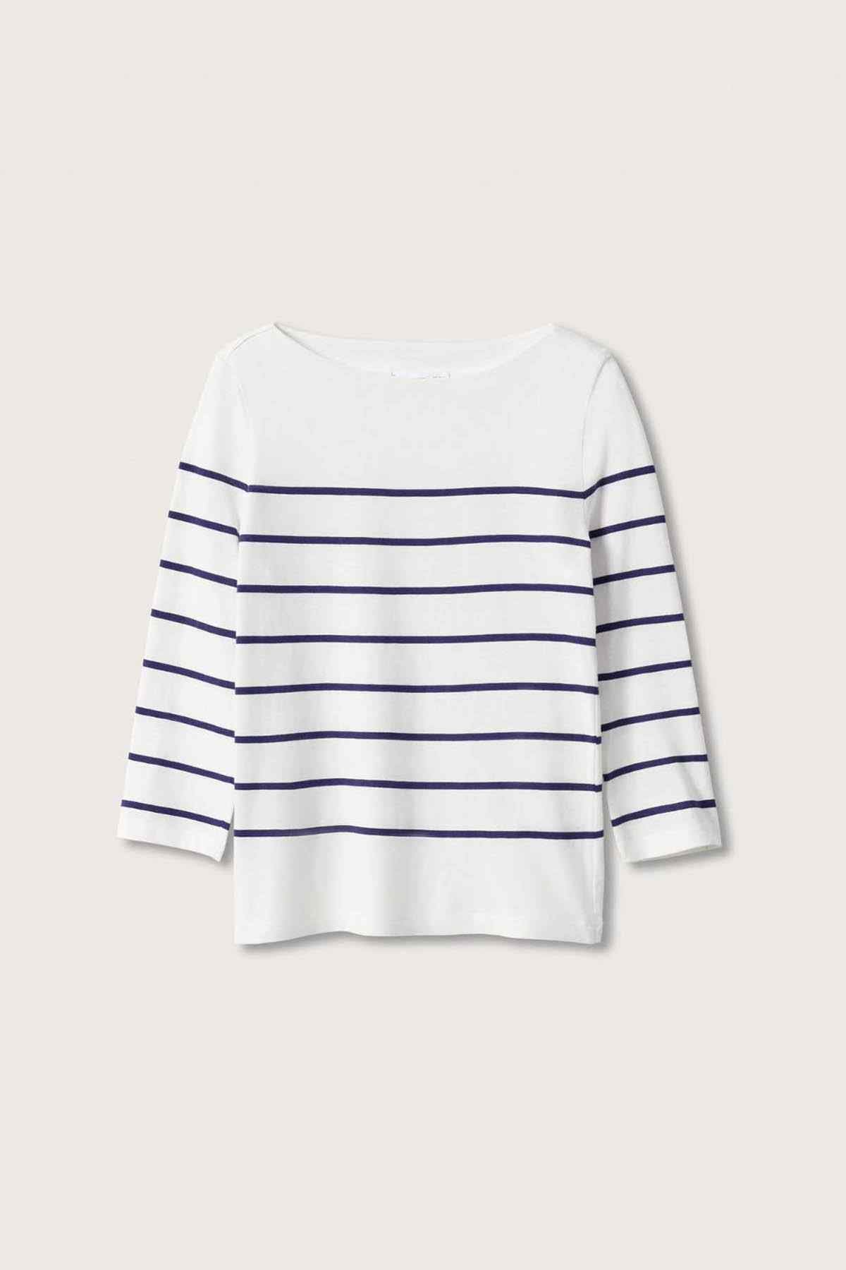 White striped knit top with navy horizontal lines, three-quarter sleeves