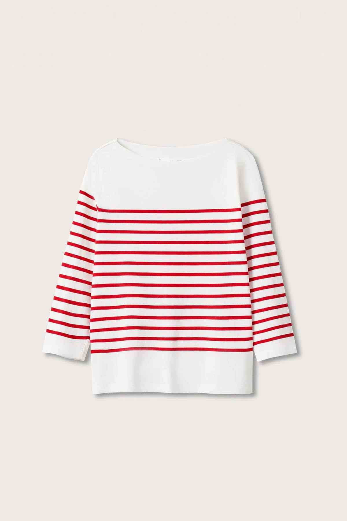 White top with red horizontal stripes, 3/4 sleeves, crew back view
