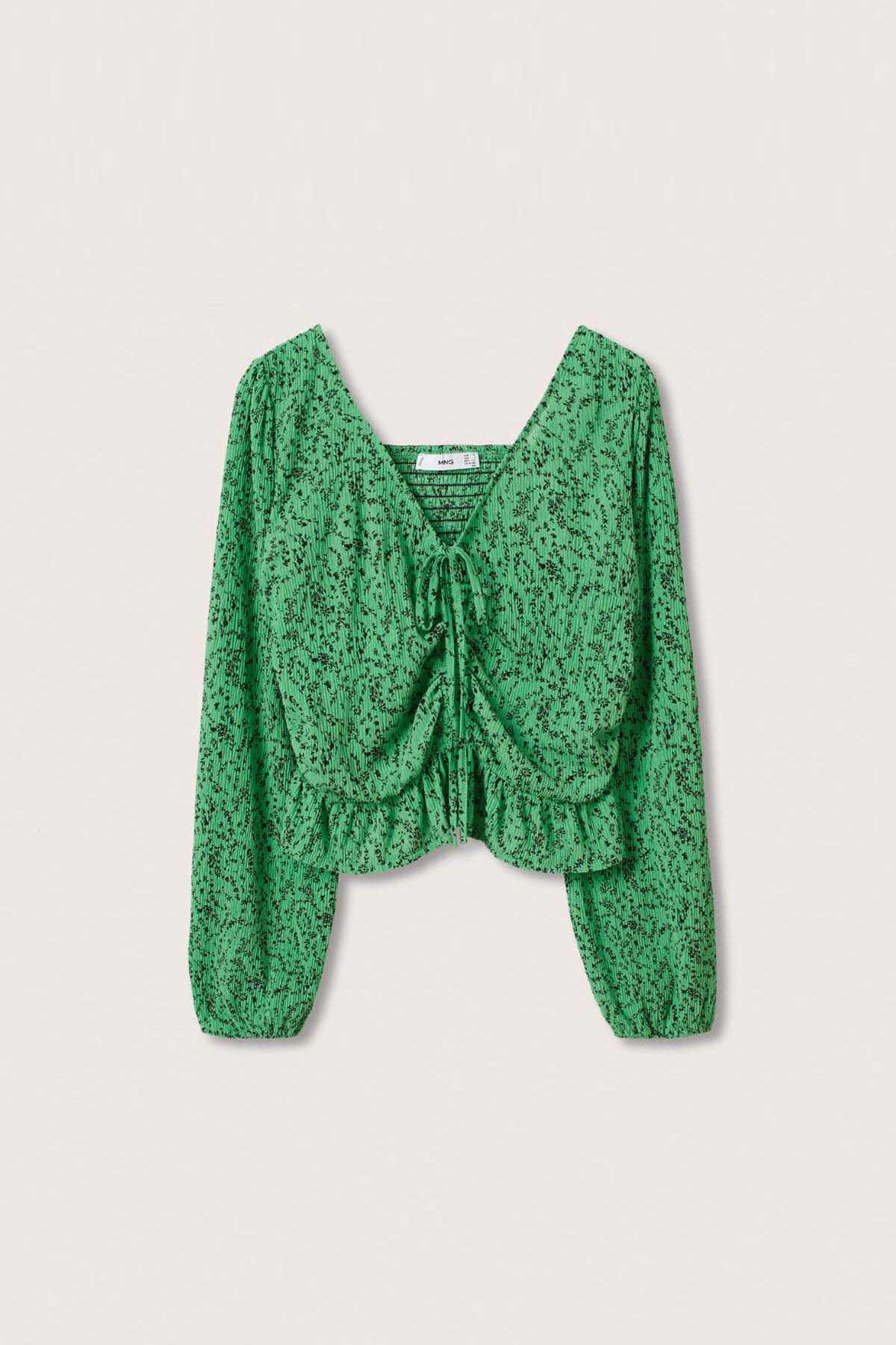 Green printed long-sleeve blouse with V-neck, button-front, peplum hem