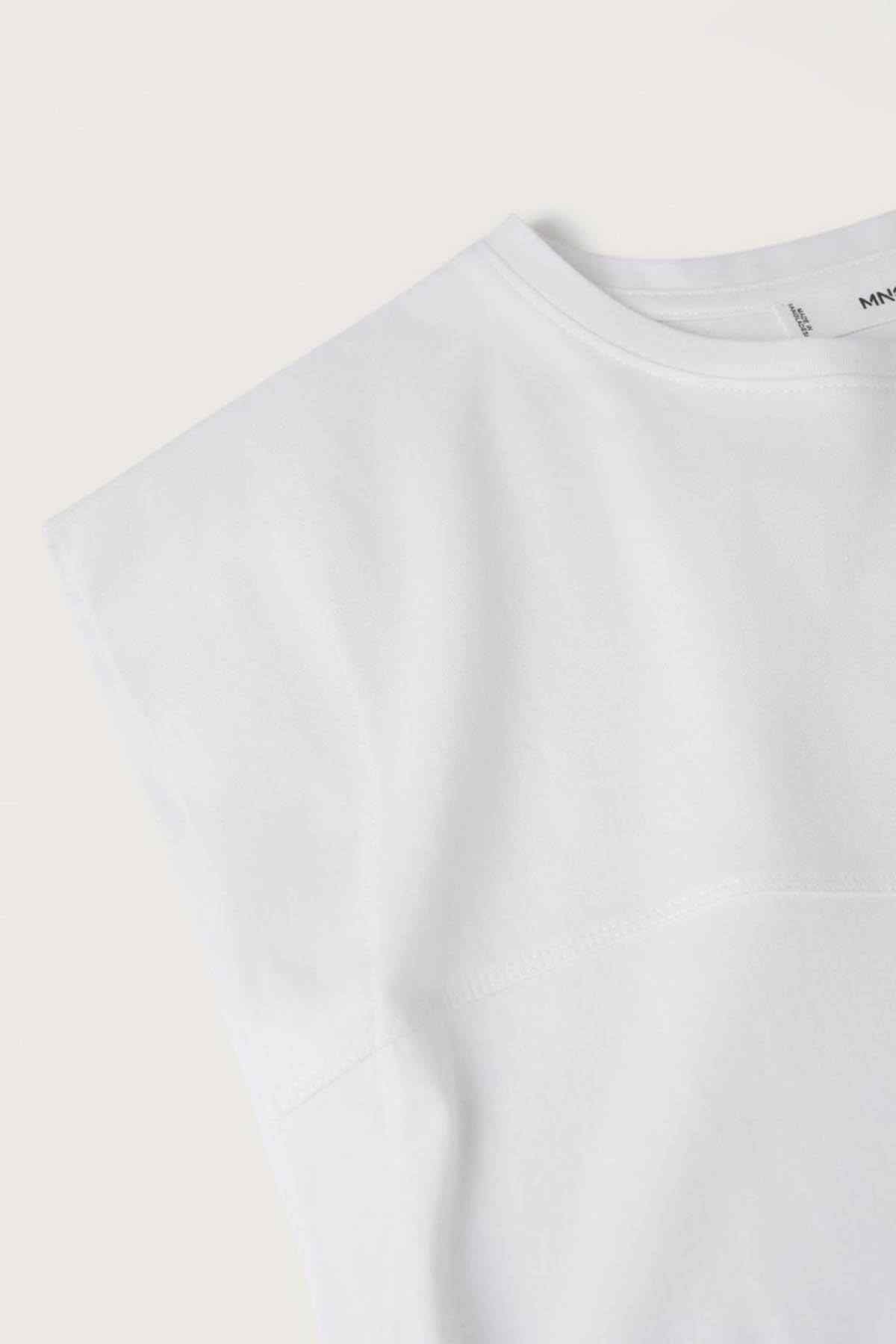 MANGO white sleeveless T-shirt neckline close-up, subtle stitching and small label